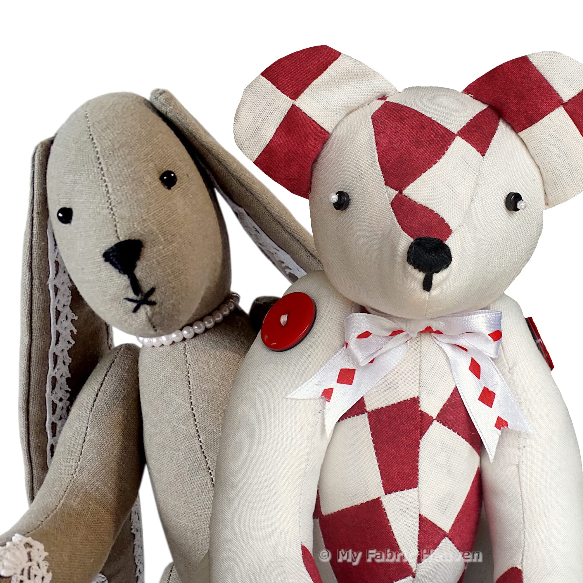 My Fabric Heaven Two Discounted Sewing PATTERNS Handmade. Bunny Rabbit & Patchwork Teddy Memory Bear with Easy Photo Tutorial Instructions. Lacy Bunny & Harley Patchwork Teddy Bear. Free Post