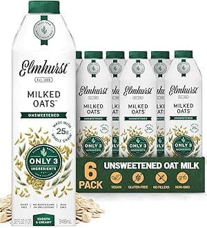Elmhurst 1925 Unsweetened Oat Milk - 32 Ounce (Pack of 6) Dairy-Free, Gluten-Free, Vegan, Kosher, Shelf Stable Milk Made with Water & Oat Grains for Healthier, Simpler Plant-Based Alternatives