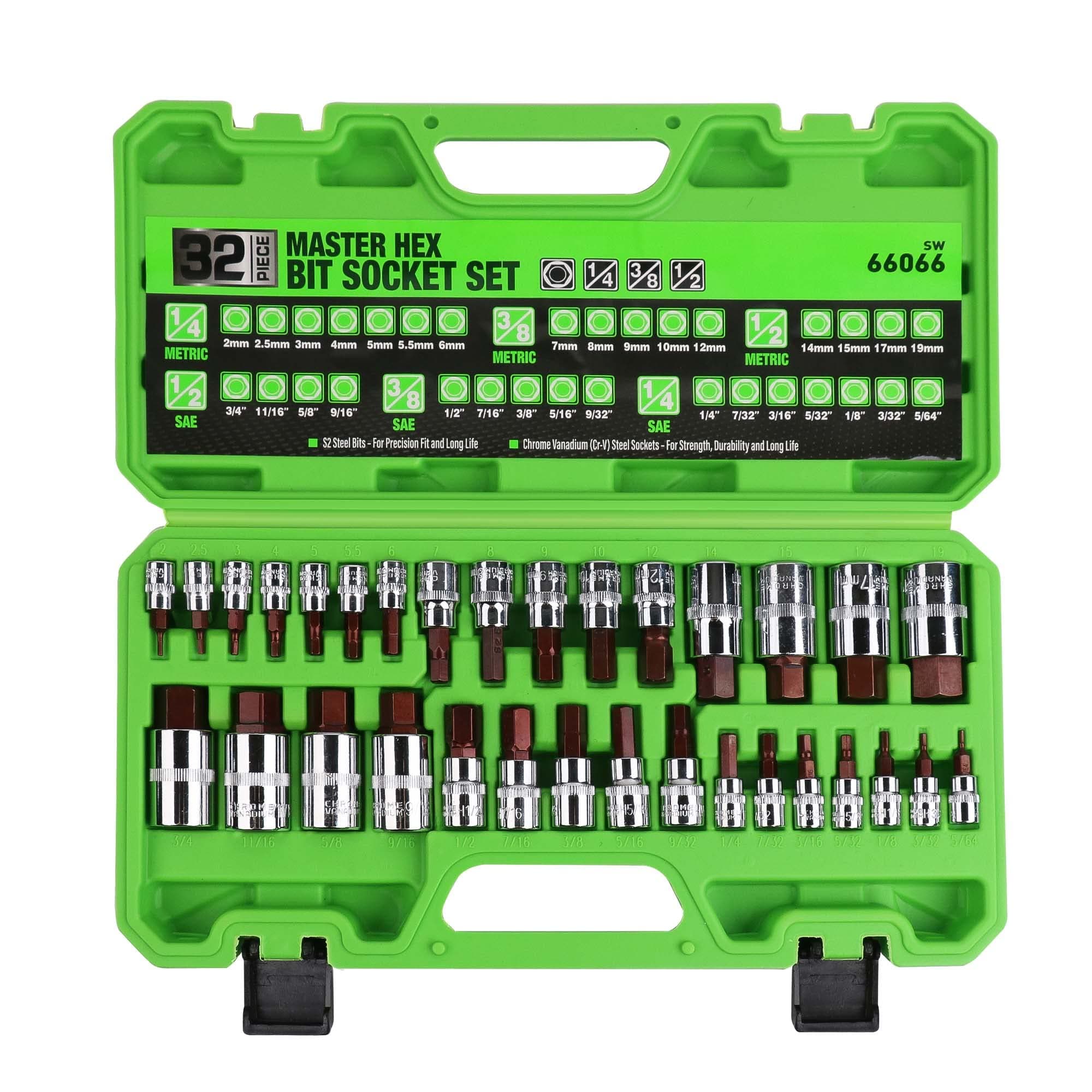 SWANLAKE GARDEN TOOLS 32 Piece Hex Bit Socket Set,SAE and Metric, 1/4'', 3/8', 1/2'' Drive Socket Set, S2 & Cr-V Steel