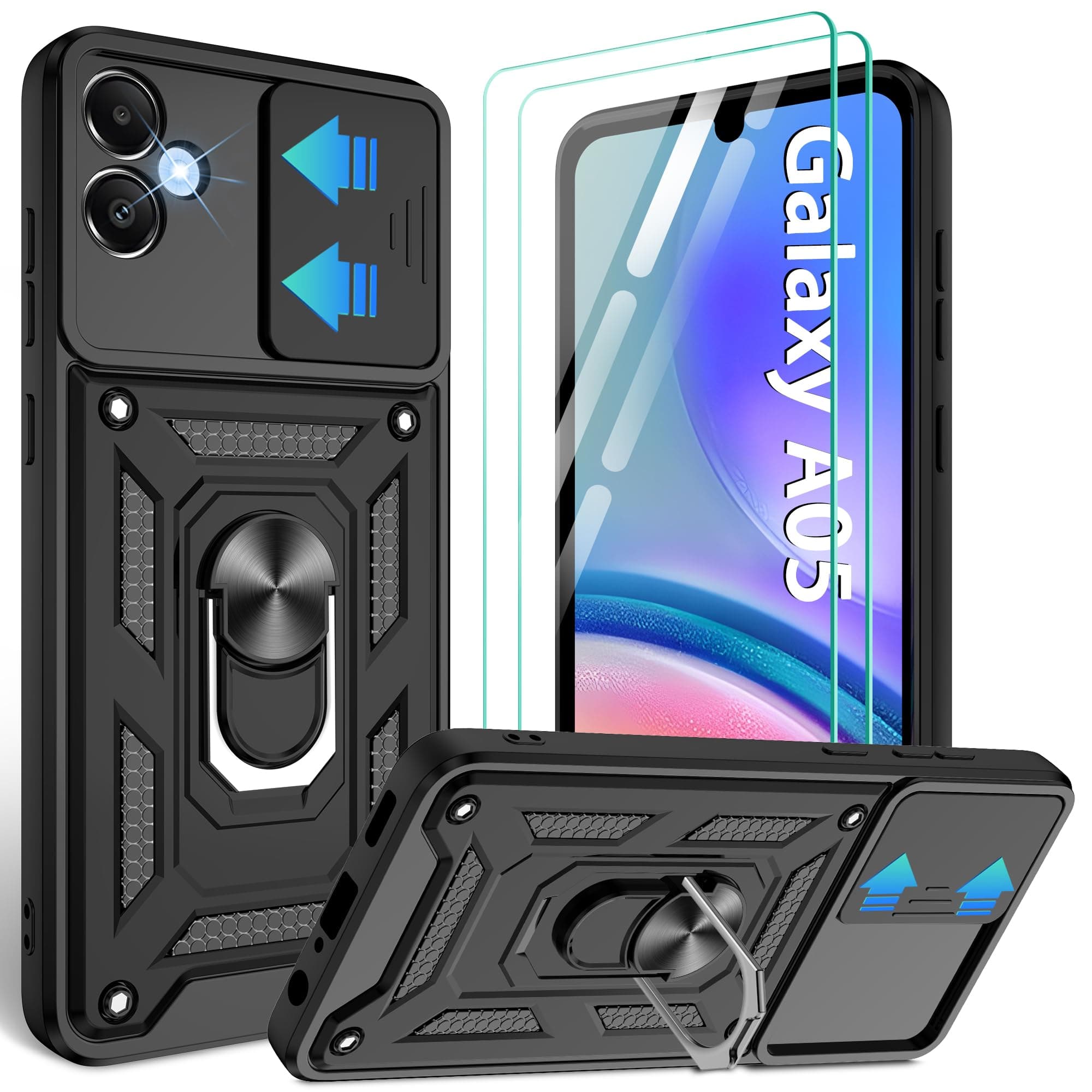 for Samsung Galaxy A05 Case with Screen Protector[2 Pcs] with Slide Camera Cover, 360°Rotation Ring Kickstand丨 [Military Grade] Heavy Duty Shockproof Protection,Black