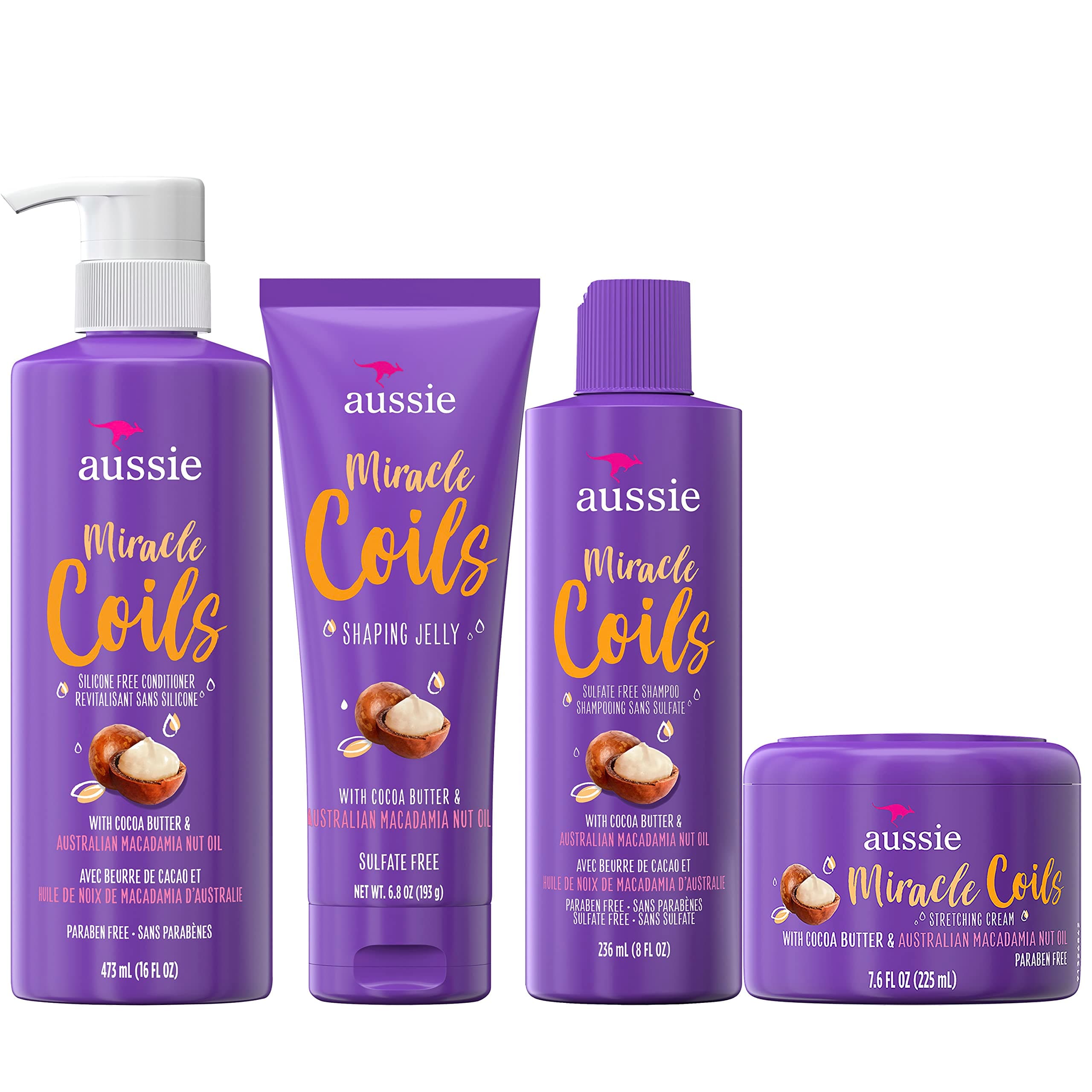 Aussie Miracle Coils SF Shampoo 16oz + Aussie Miracle Coils Conditioner 16 oz + Aussie Miracle Coils Shaping Jelly 6.8oz + Aussie Miracle Coils Leave-In Moisturizer 8.5 oz