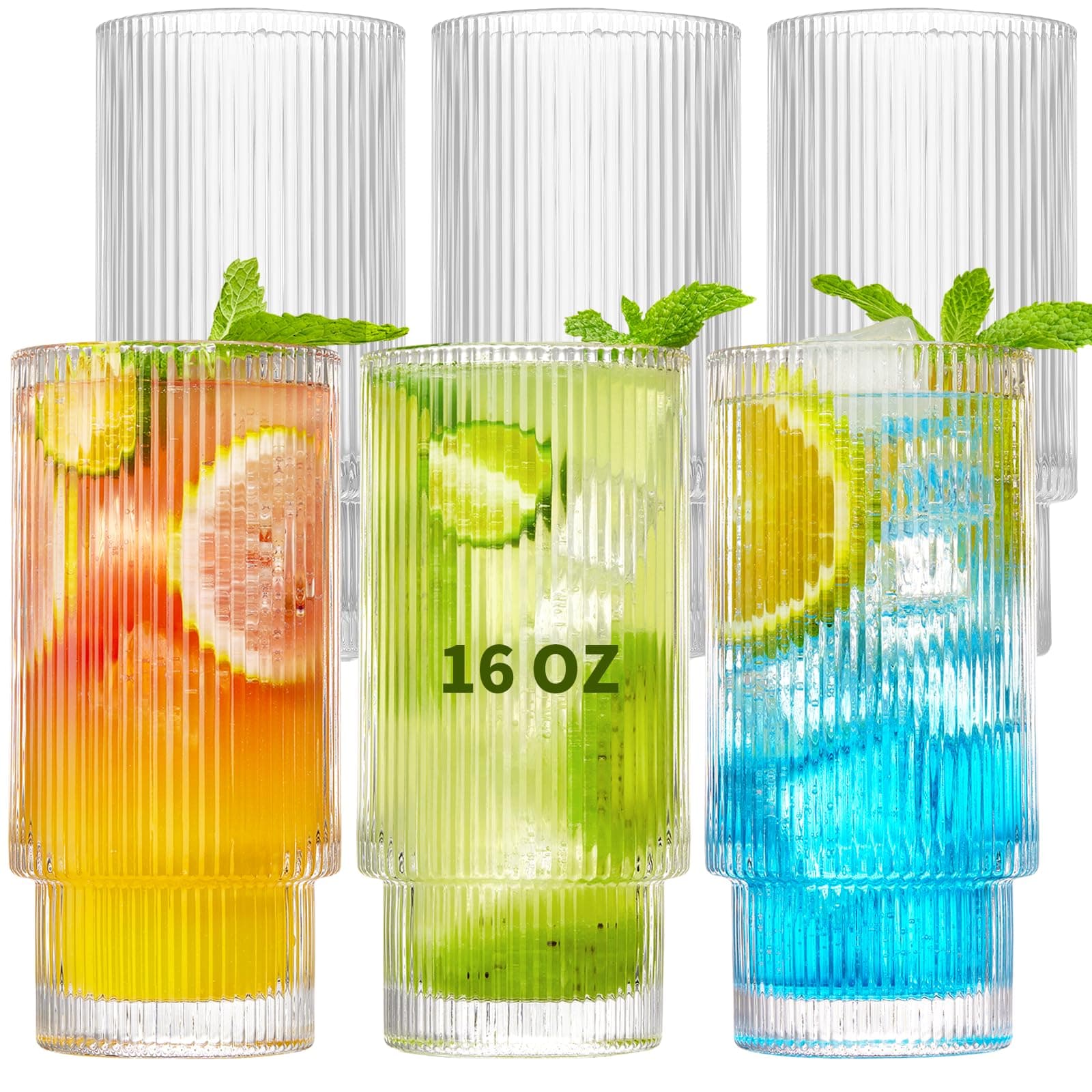 6 Pack Ribbed Drinking Glasses, 16 oz Vintage Glass Cups, Highball Glasses, Premium Iced Coffee Glasses, Clear Glass Tumbler, Cocktail Glasses, Elegant Glassware for Water Juice Whiskey Beer