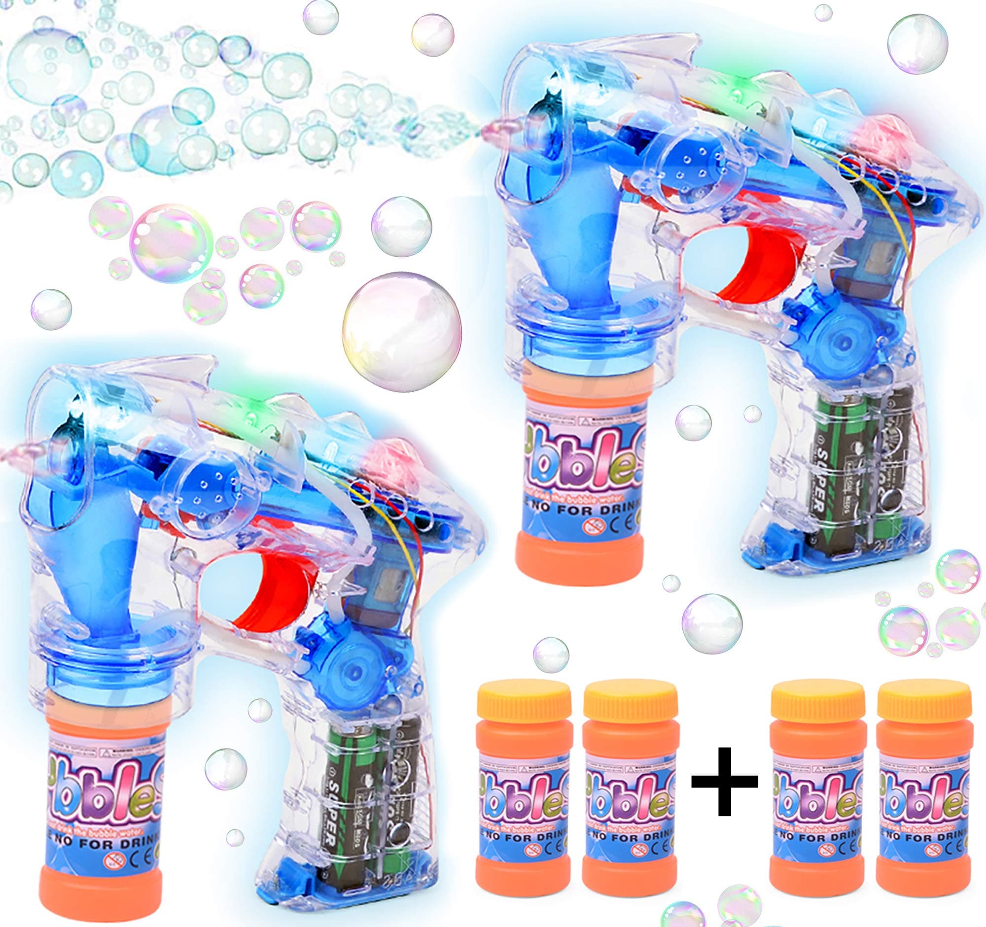 Haktoys 2-Pack Bubble Shooter Gun, Light Up Blower with Flashing Lights, Extra Bottle, Bubble Blaster Toy for Toddlers, Kids, Parties (Sound-Free, Batteries Included)
