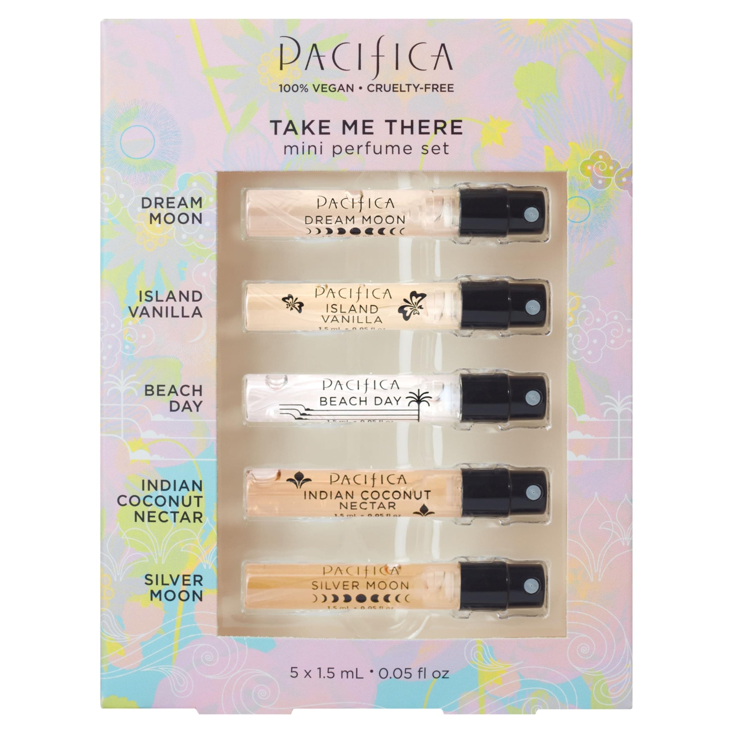 - Pacifica Beauty, Take Me There Spray Perfume Trial Set, 5 Scents, Fragrance Sampler Gift Set, Natural & Essential Oils, Clean, Vegan & Cruelty Free