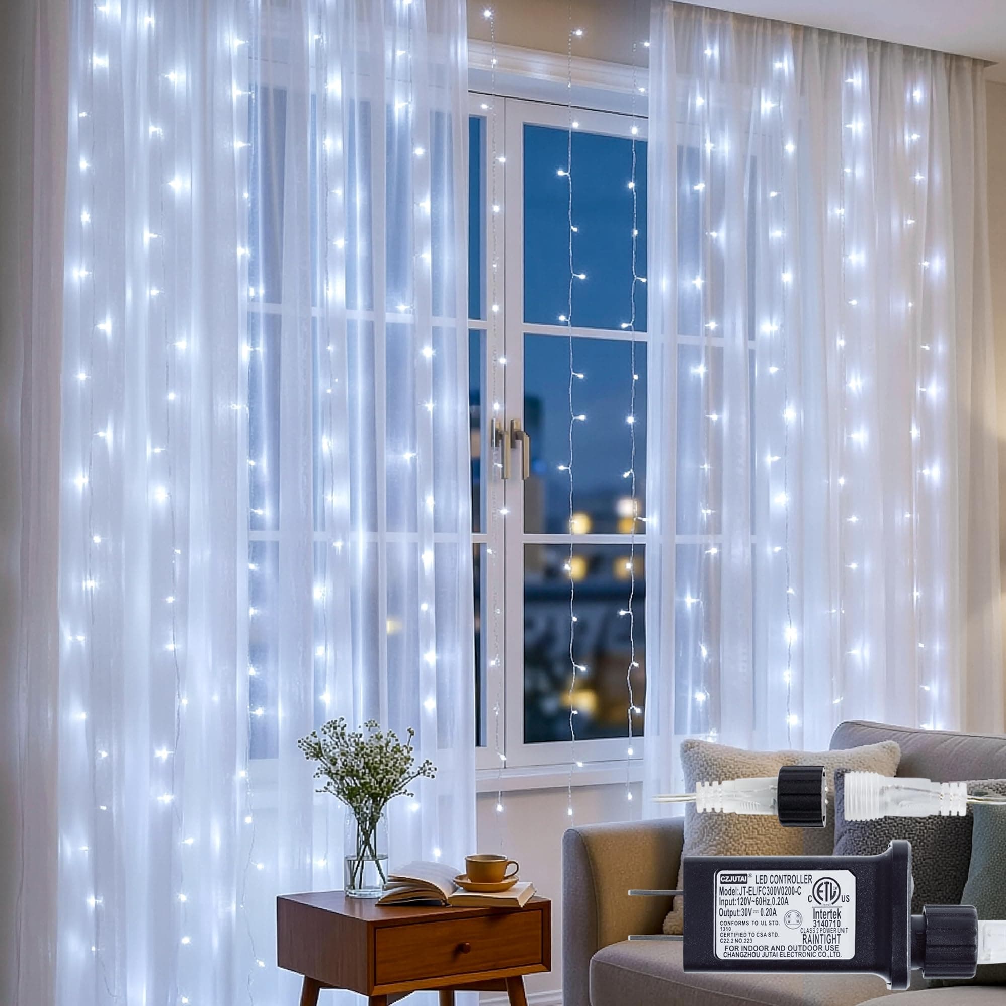 Star 304 LED 9.8ftx9.8ft 30V 8 Modes,Window Curtain String Lights Wedding Party Home Garden Bedroom Outdoor Indoor Wall Decorations(Cool White)