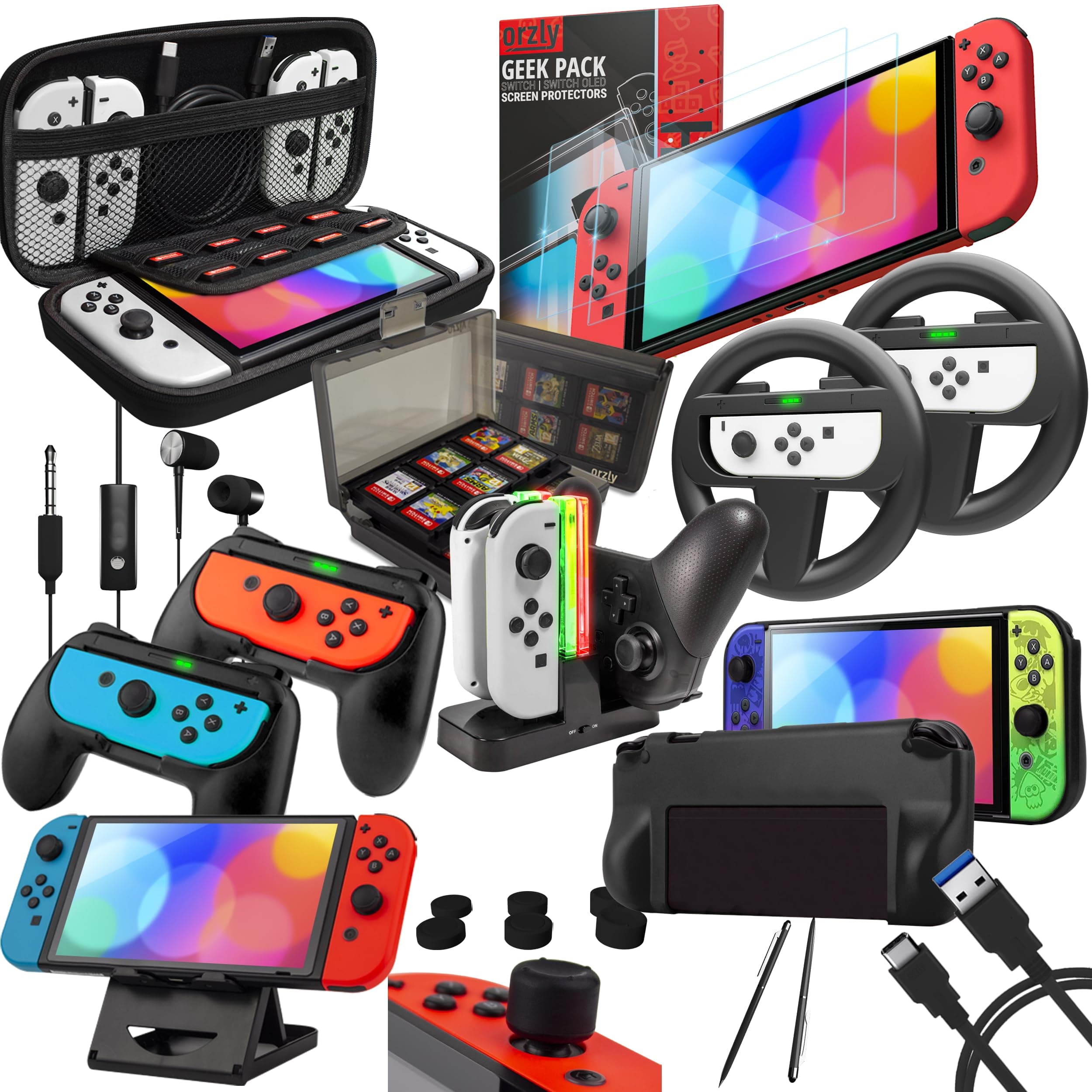 Accessory Bundle Kit designed for Nintendo switch Accessories Geeks and Oled console users Case and Screen protector, Joycon grips and Wheels for enhanced games play and more - Jet black