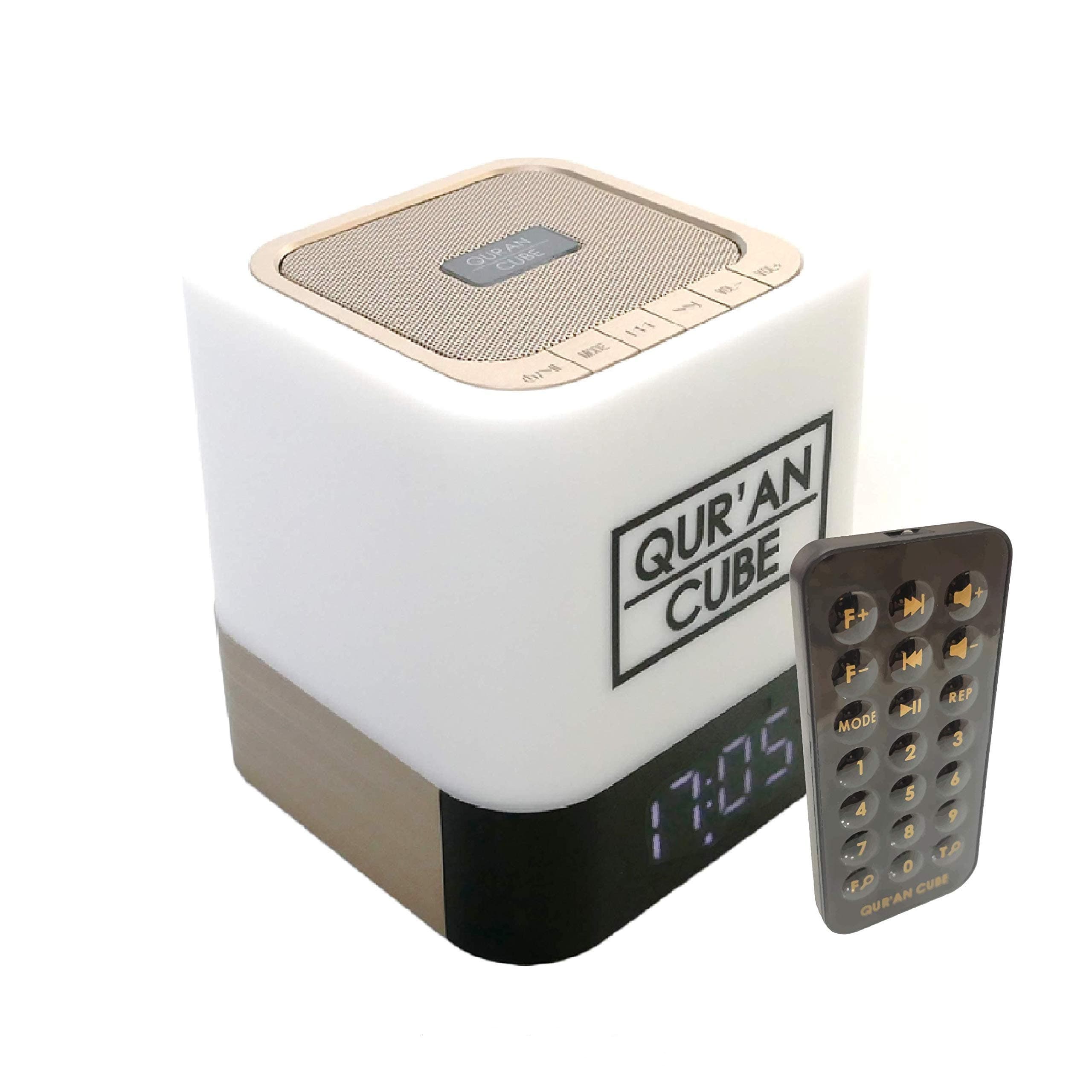 – Qur’an CubeⓇ with Remote control, Portable Digital Quran Speaker LED X Multicoloured Touch Lamp,31 Different Recitations Of The Full Quran, 5 Times Adhan, Quran Memorisation Mode & Beautiful Nasheeds