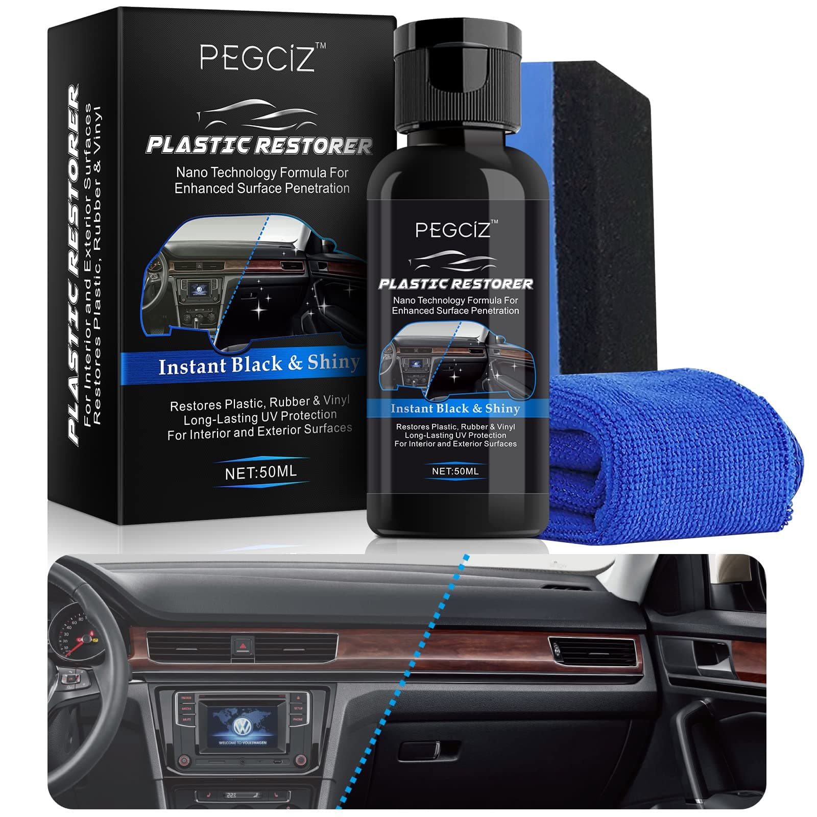 Car Plastic Restorer 50ML Plastic Revitalizing Coating Agent Back To Black Nano Plastic Refreshing Coating Prevents Drying Aging Car Plastic Parts Retreading Agent Interior Cleaning Agent (1PCS)