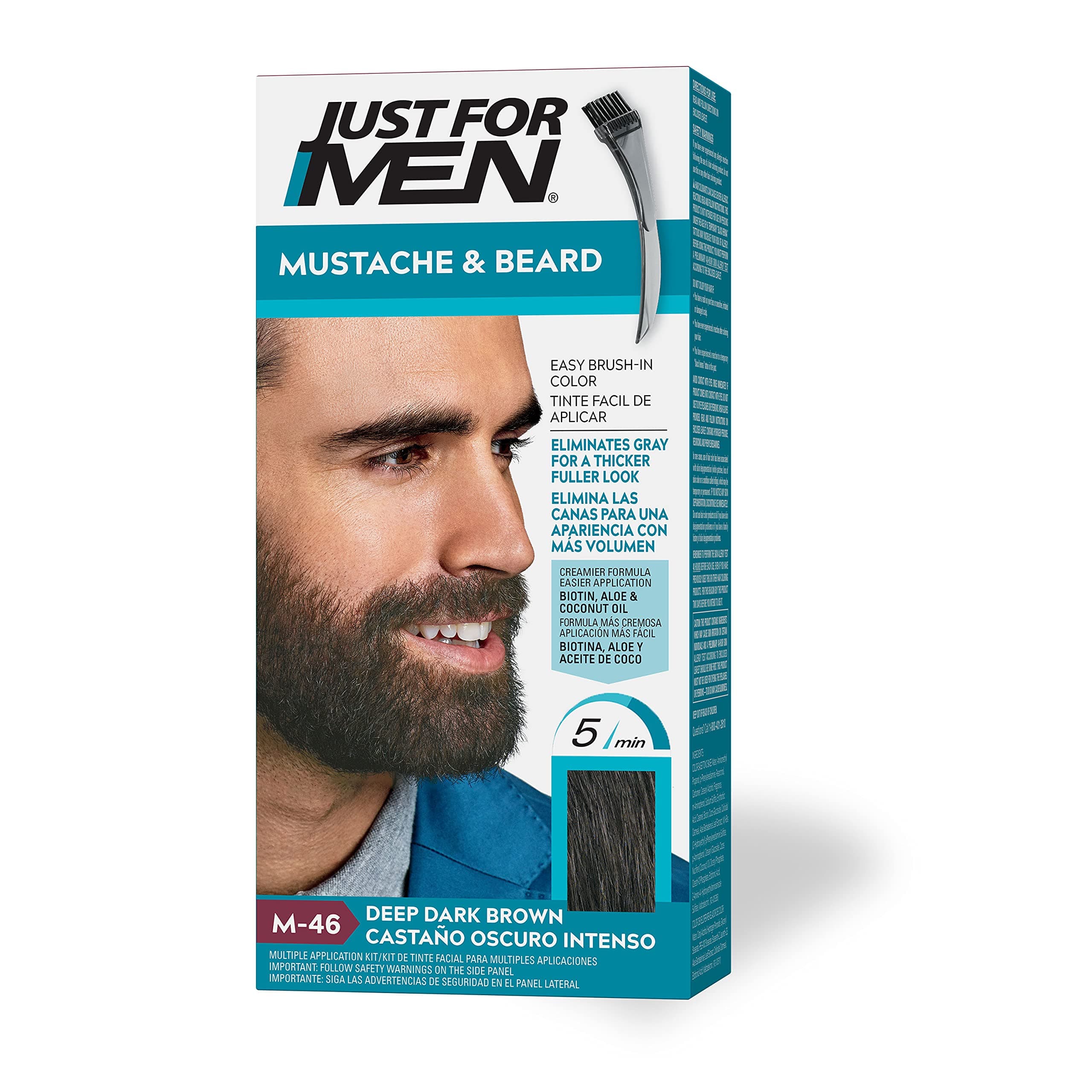 Just For Men Mustache & Beard, multiple uses Beard Dye for Men with Brush, With Keratin Biotin Aloe and Coconut Oil for Healthy Facial Hair - Deep Dark Brown, M-46, Pack of 1 (Packaging May Vary)