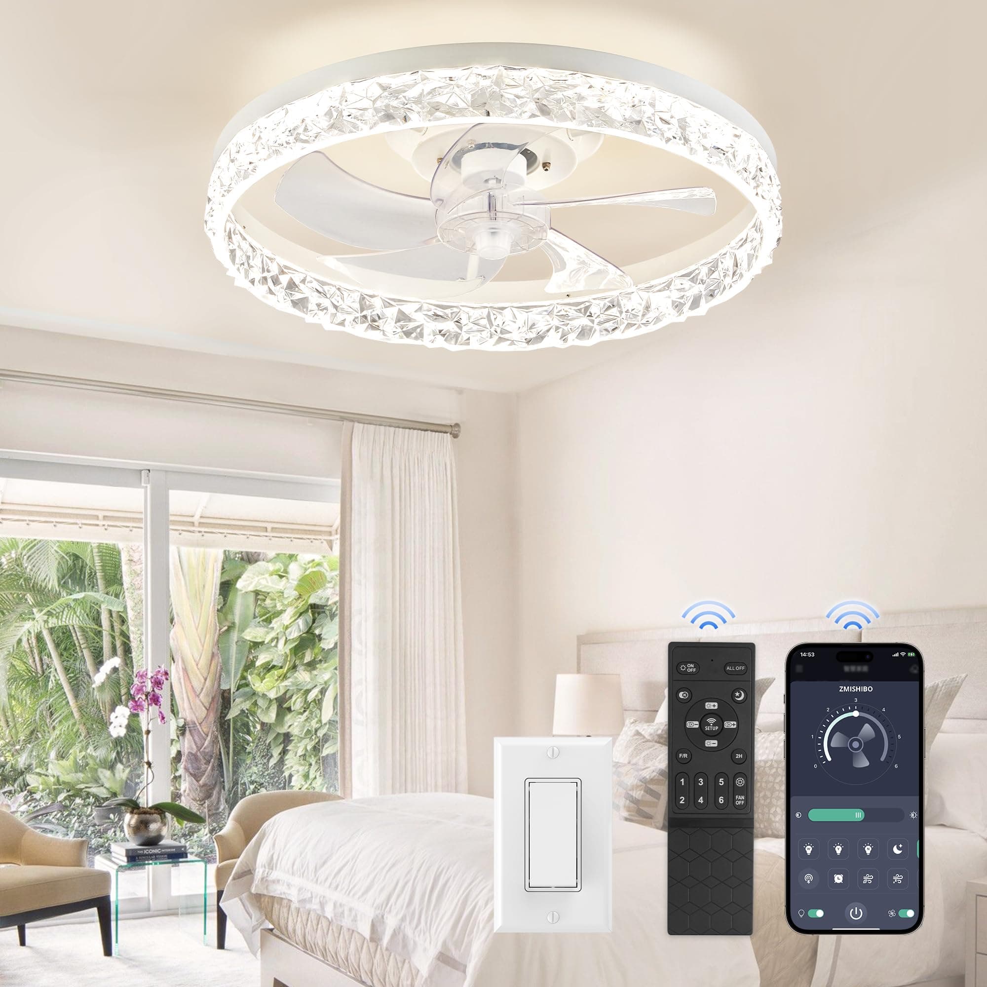 ZMISHIBO 19.7" Ceiling Fans with Lights, Low Profile Ceiling Fan and Remote, Flush Mount Ceiling Fans, Stepless Dimmable LED Light, White Fixtures for Bedroom, Living Room