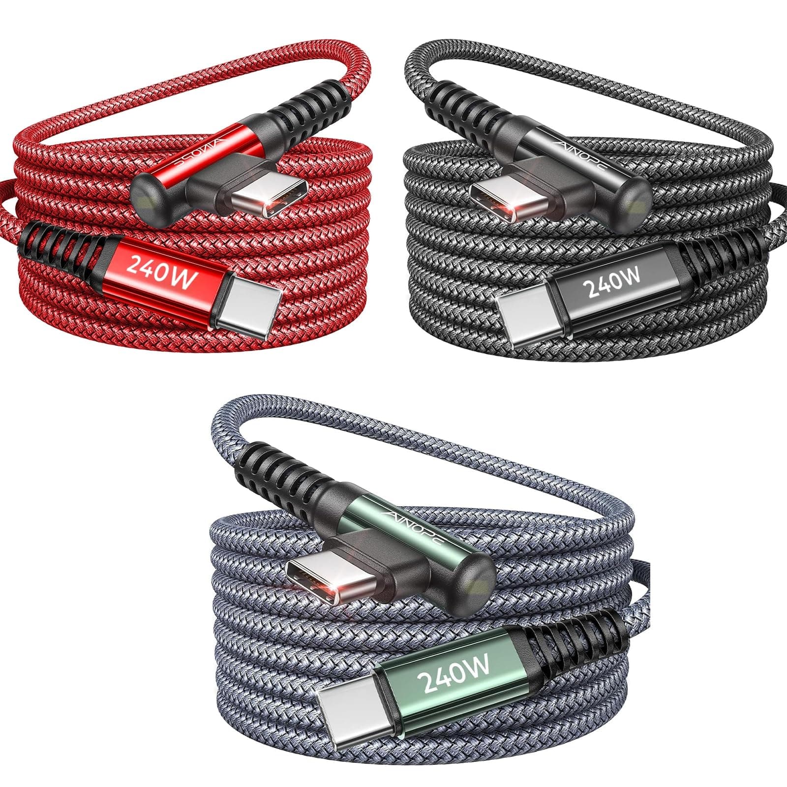 240W USB C to USB C Cable Fast Charging 3FT,Right Angle Fast Type C Charging Cable Fits iPhone 16 Pro Max Plus,iPhone 15,MacBook Air/Pro,iPad Pro,Samsung,Pixel,All Devices,Black,Grey,Red