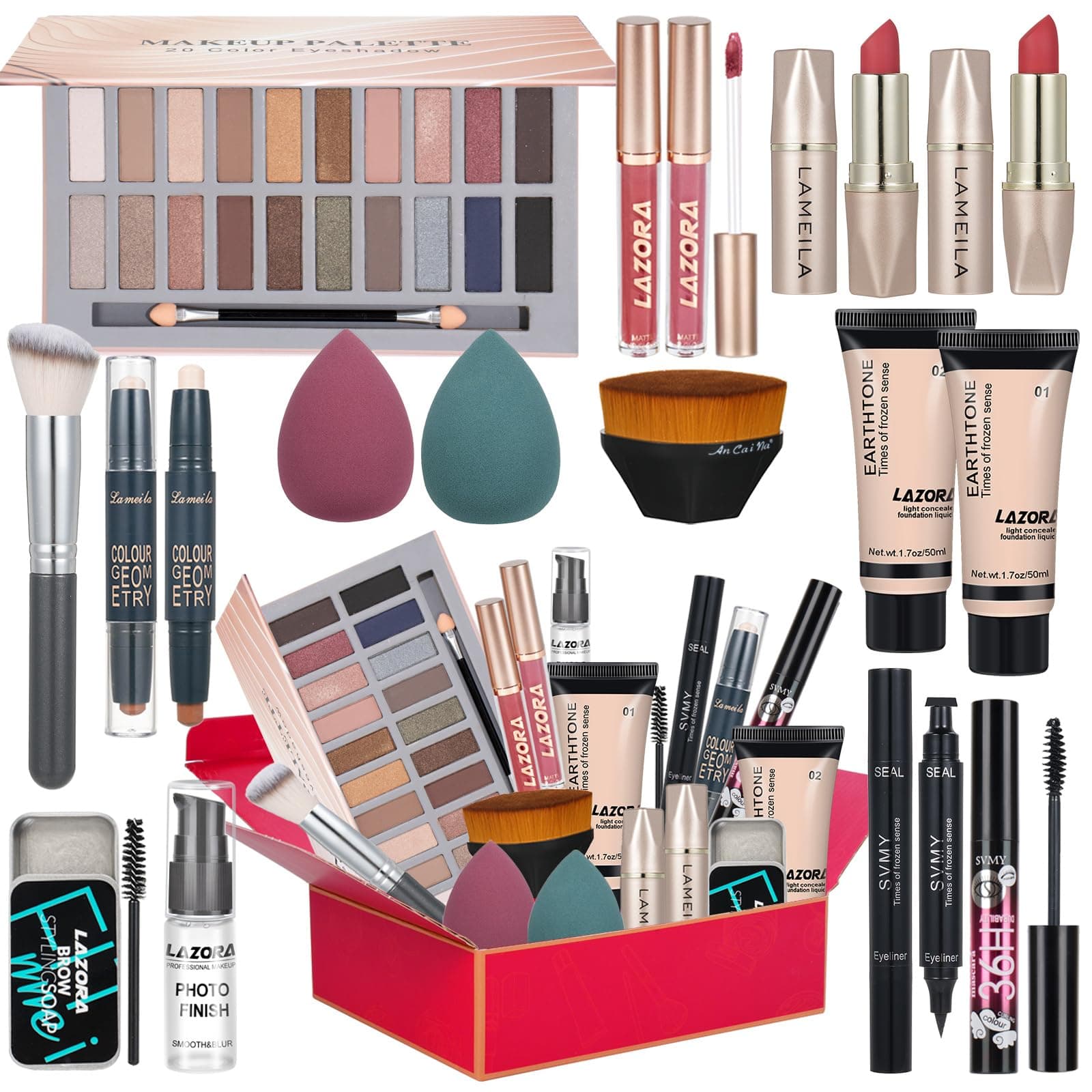 All in One Makeup Kit for Women Full Kit Includes Palette Foundation & Face Primer, Makeup Brush Makeup Sponge, Eyebrow Soap, Winged Eyeliner Stamp 20 Colors Eyeshadow Gift Set for Women, Girls & Teen