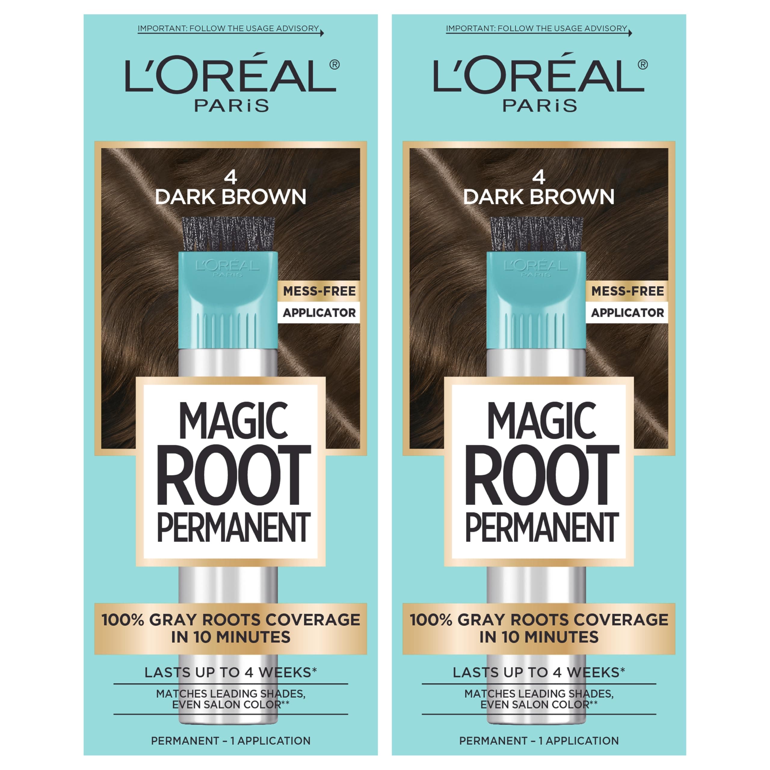 L'Oreal Paris Magic Root Rescue 10 Minute Root Hair Coloring Kit, Permanent Hair Color with Quick Precision Applicator, 100 percent Gray Coverage, 4 Dark Brown, 2 count