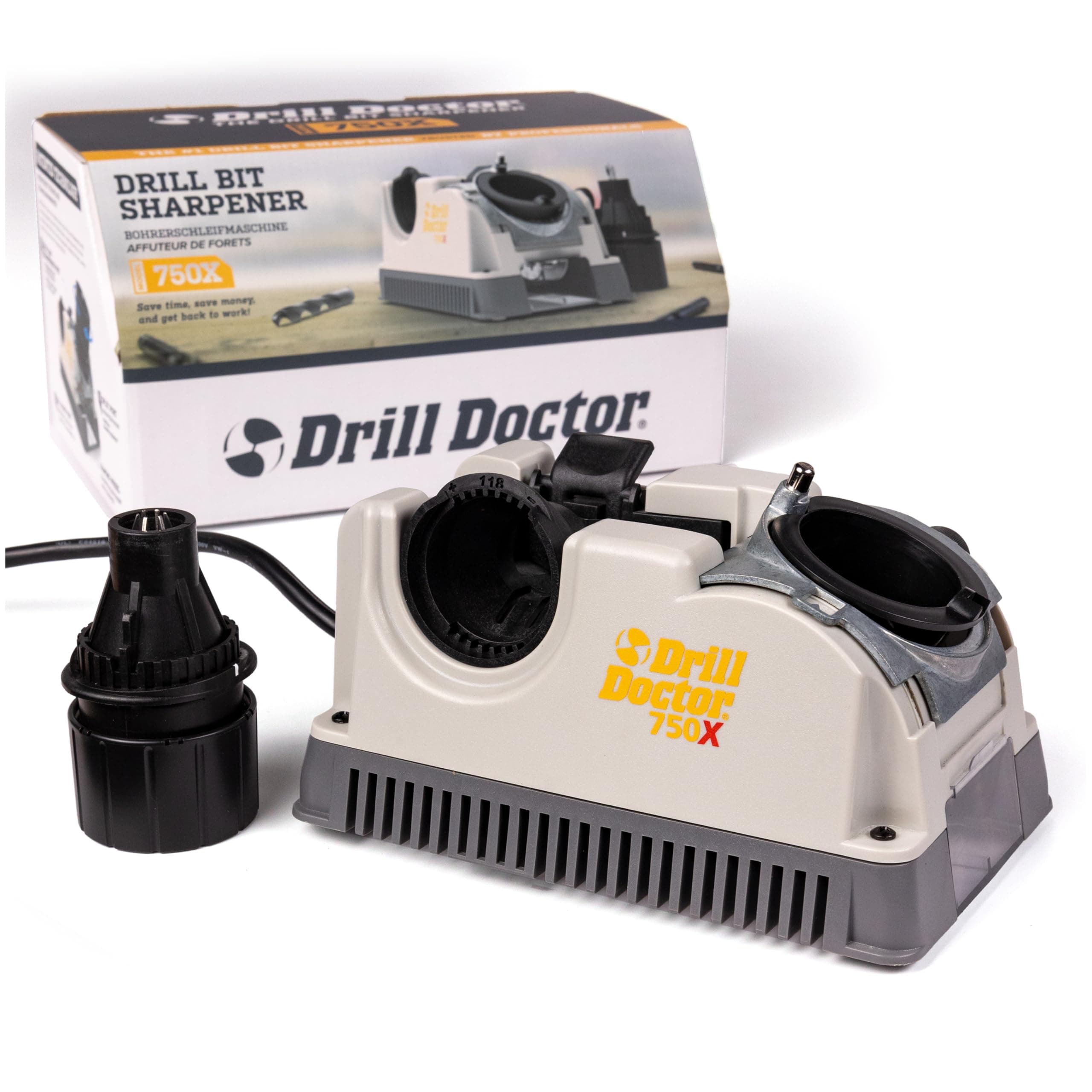 Drill Doctor DD750X Electric Drill Bit Sharpener, 3/32-3/4" High-Speed, Portable - Steel, Masonry, Carbide, Cobalt, Tin-Coated Bits, Adjustable Angles