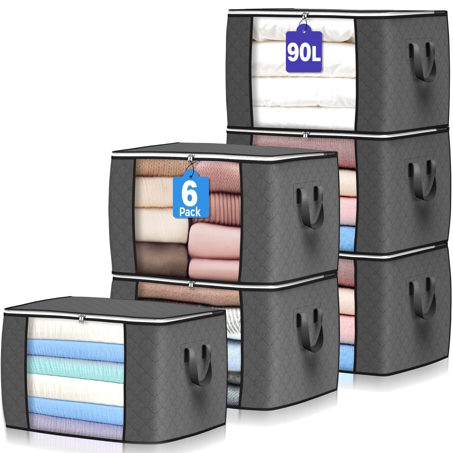 Budding Joy 90L Large Storage Bags, 6 Pack Clothes Storage Bins Foldable Closet Organizers Storage Containers with Durable Handle for Clothing, Blanket, Comforters, Bed Sheets, Pillows and Toys (Gray)