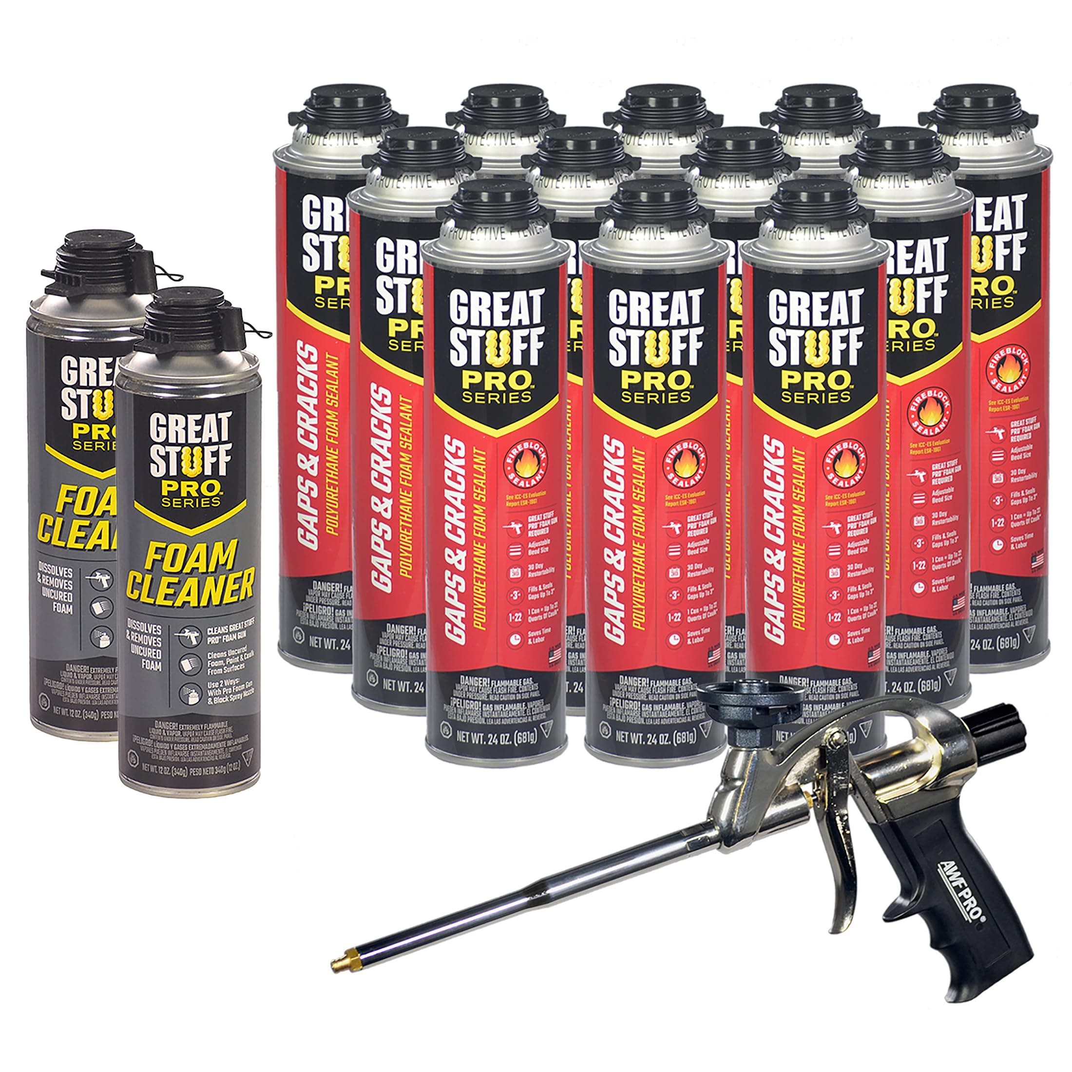 Gaps & Cracks 24 oz Complete Kit – 12-Pack Foam Sealant with AWF PRO 8 in Professional Spray Foam Gun & 2 Cans of Great Stuff Pro Cleaner