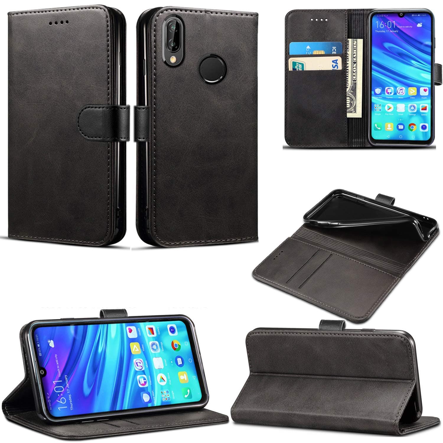 Huawei P Smart 2019 / Honor 10 Lite Case, Premium PU Leather Flip Wallet Phone Case Cover with Magnetic Closure Stand Card Holder for Huawei P Smart 2019 / Honor 10 Lite (Black Book)