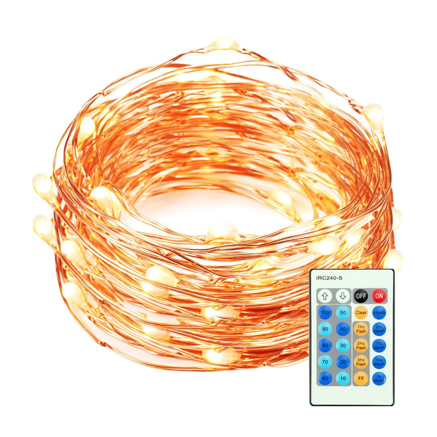 Mxsaver Dimmable LED Copper Wire String Lights with Remote (Warm White, 32.8ft, 100 LEDs, Waterproof)