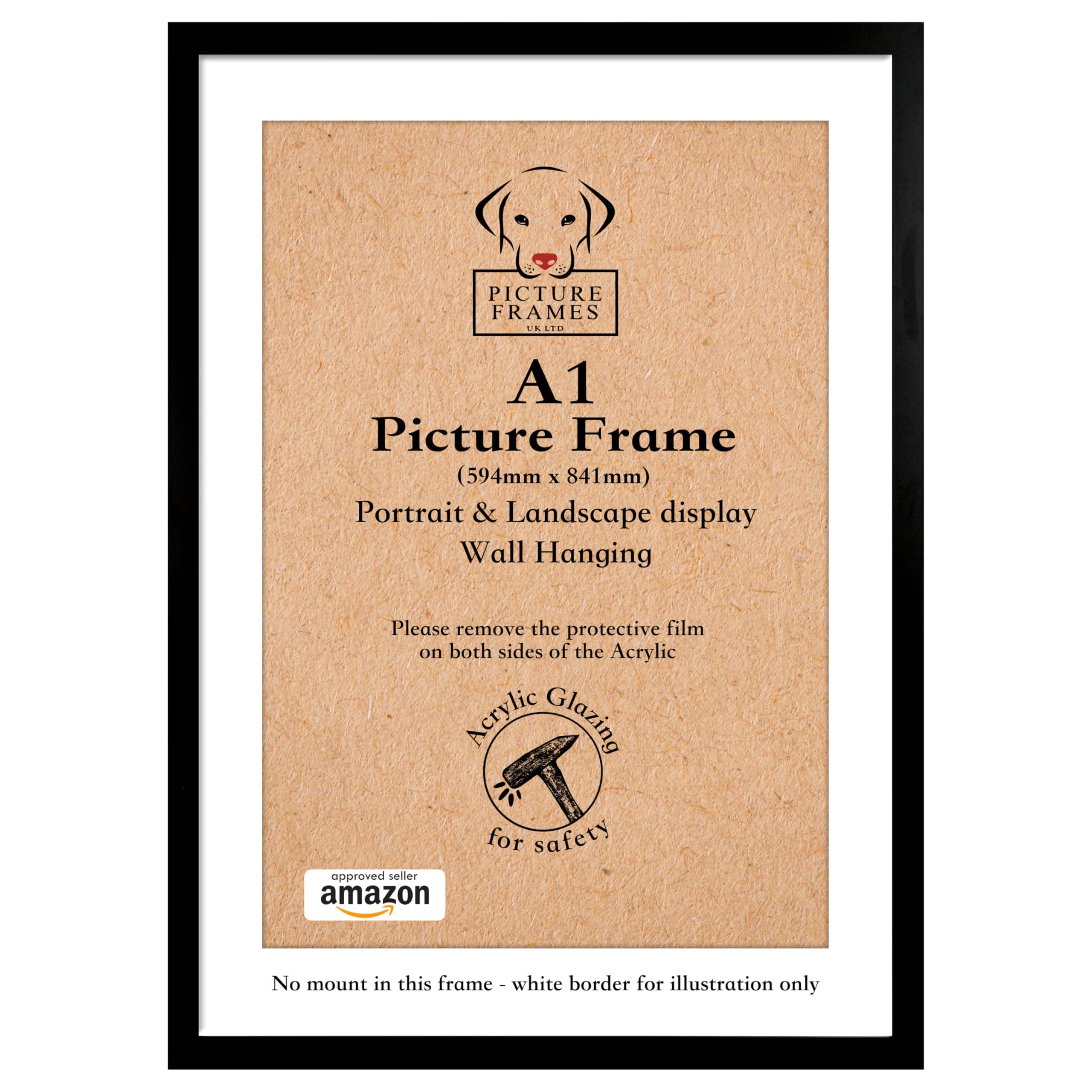A1 Black Picture Frame – 59.4 x 84 cm Wall-Mounted Poster Frame with Perspex Front, Landscape or Portrait Display