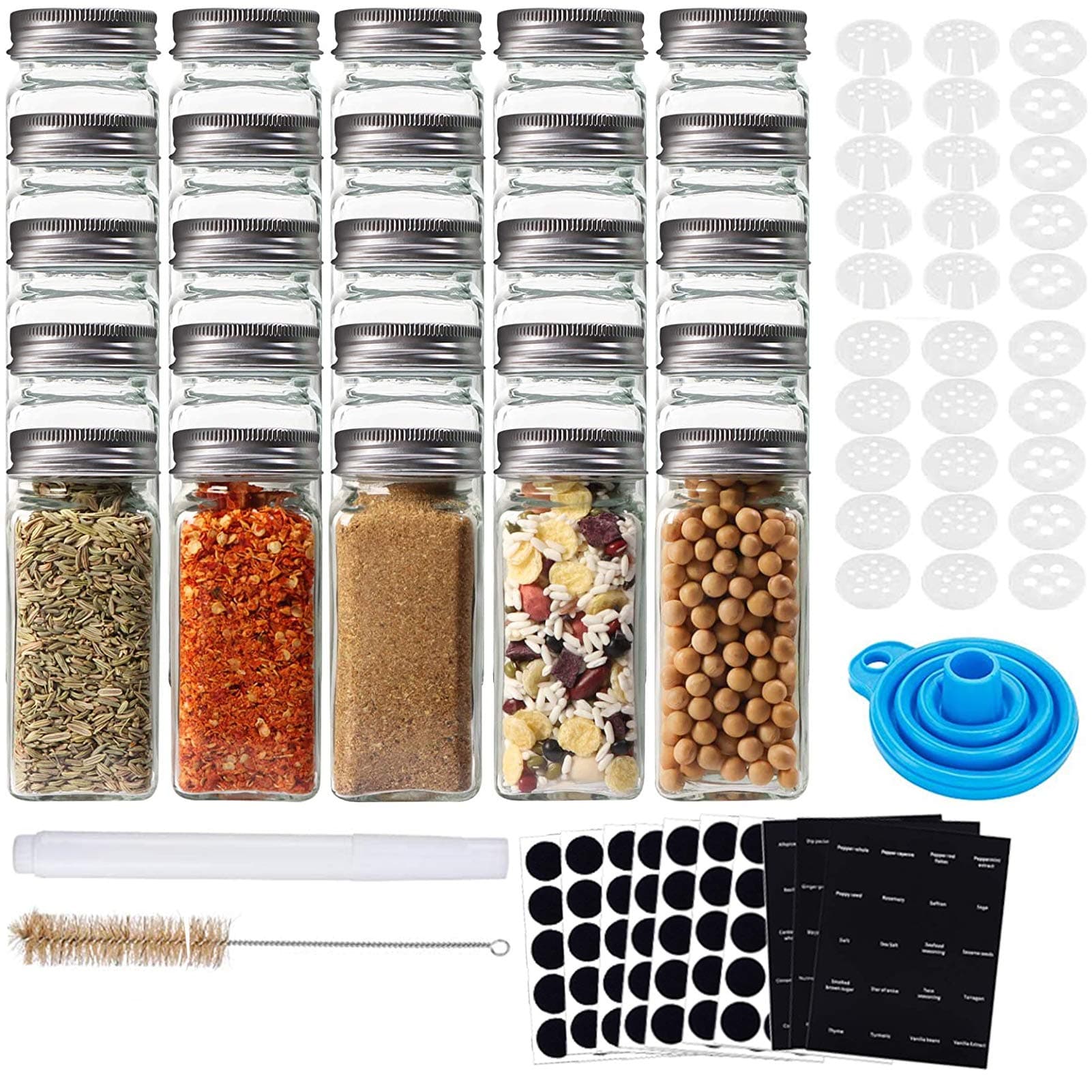 Glass Spice Jars, U-HOOME 25 PCS 4oz Empty Square Spice Bottles with Shaker Lids and Airtight Metal Caps - 200 Spice Labels and Chalk Marker and Silicone Collapsible Funnel Test Tube Brush Included