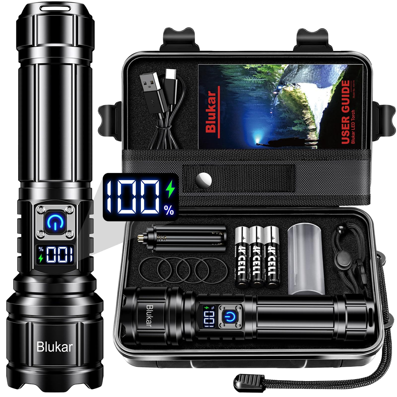 Blukar Torch Rechargeable, Ultra High Lumens Super Bright Flashlight, Adjustable Focus, 5 Modes, 5000 mAh Long Lasting, IP67 Waterproof, Smart Digital Display for Camping, Power Cuts, Emergency