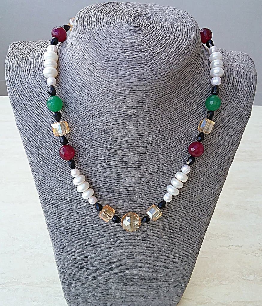Freshwater pearl, created ruby, emerald green agate and champagne crystal necklace