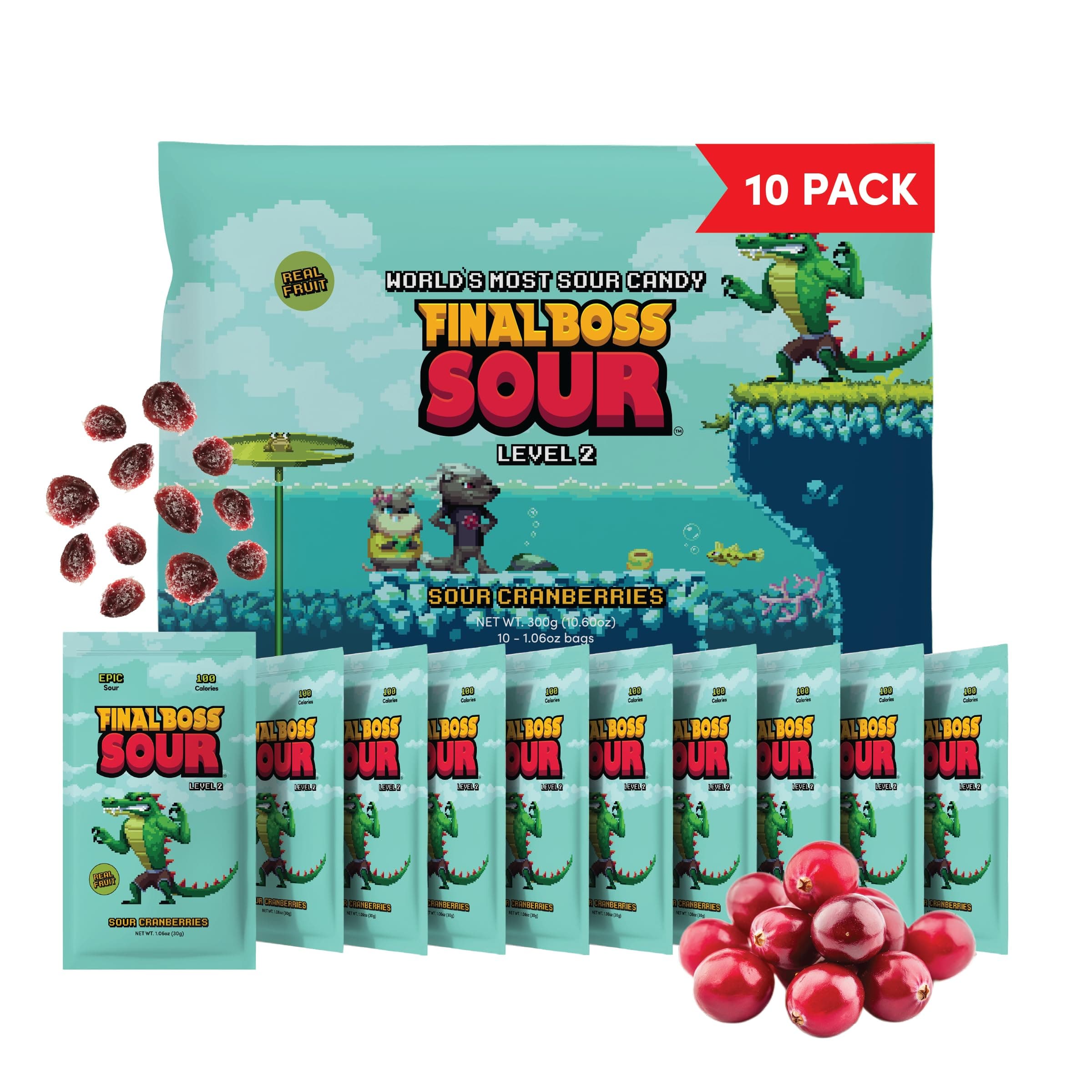 Sour Candy, Sour Cranberries, 10 Pack, Level 2, Fruit Chews with Real Dried Fruit, No Artificial Colors or Flavors, Low Calorie Snack for Kids, Teens, Adults, Lunch Boxes