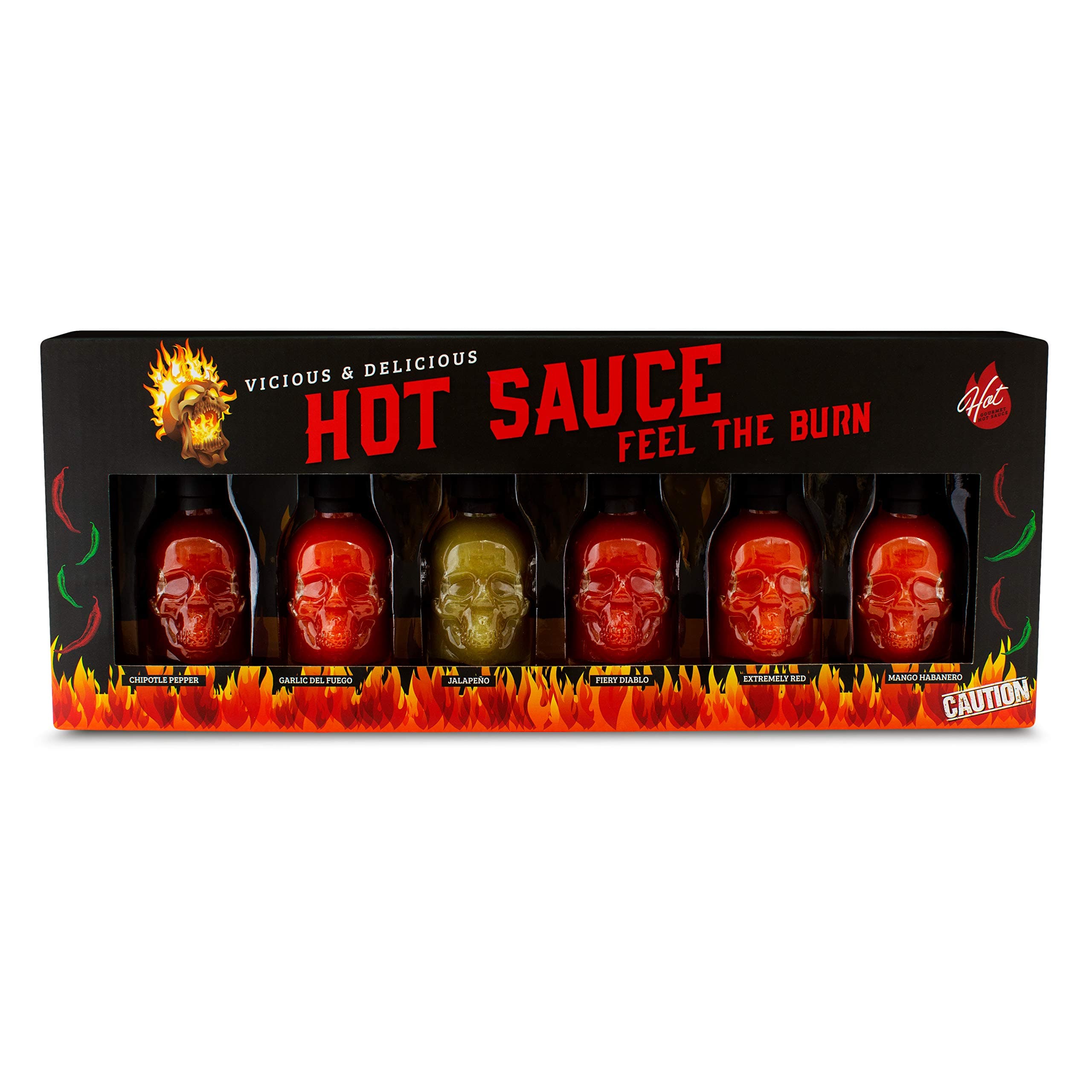 Thoughtfully Gourmet, Mini Skull Hot Sauce Gift Set, Flavours Include Chipotle Pepper, Garlic Del Fuego, Mango Habanero and More Mini Skull Shaped Glass Bottles, Pack of 6
