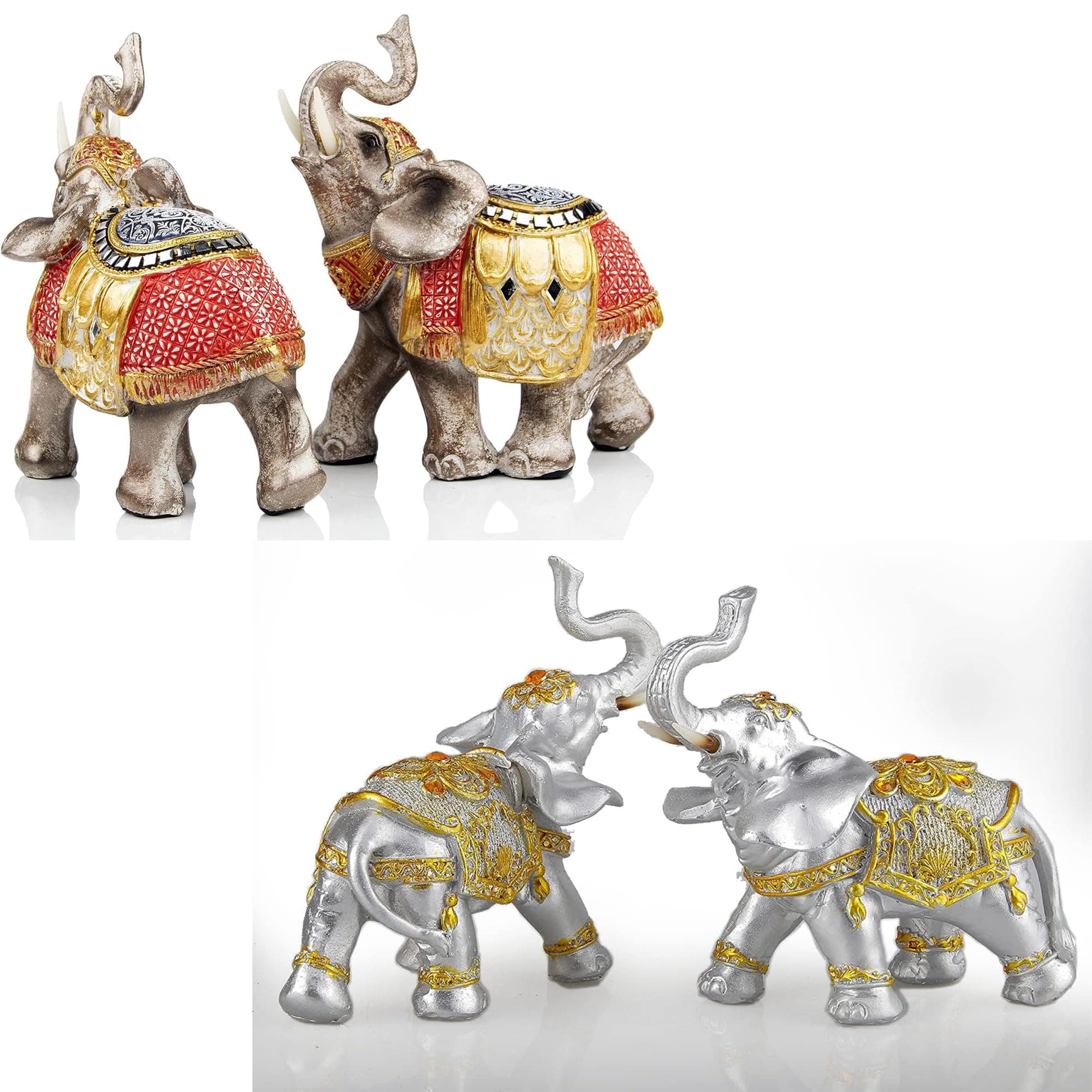 2PCS Silver and Golden Couples Elephant Statues and 2PCS Red and Golden Elephants with Trunk Up