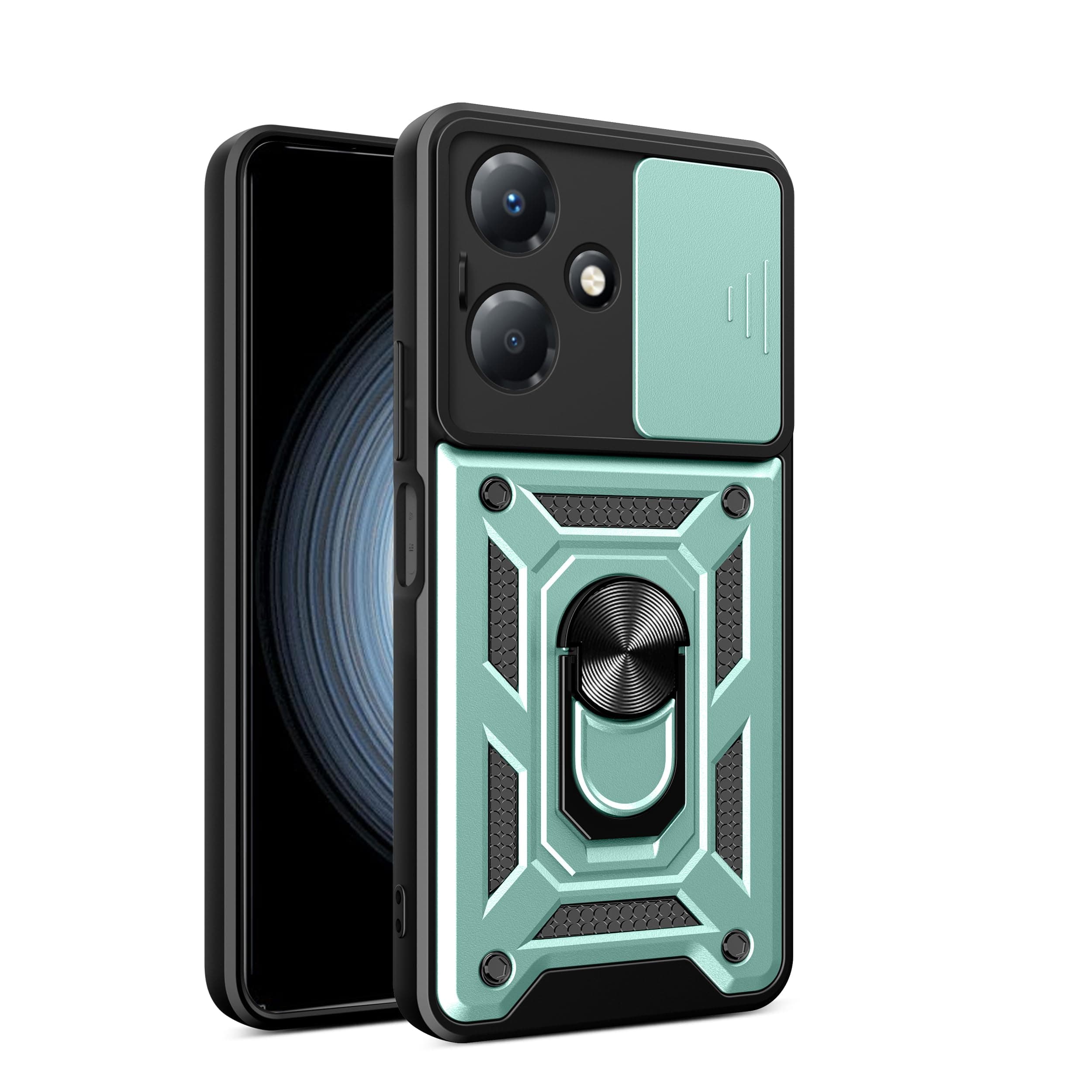 Case for Tecno Spark 6 Go, Rugged Shockproof Cover with 360° Rotatable Magnetic Kickstand and Slide Camera Lens Cover Case for Tecno Spark 6 Go-Dark Green