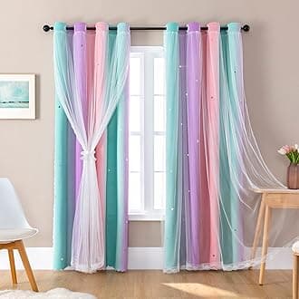 XiDi Curtains for Bedroom Decor, Rainbow Pink Purple Green 62/96/1