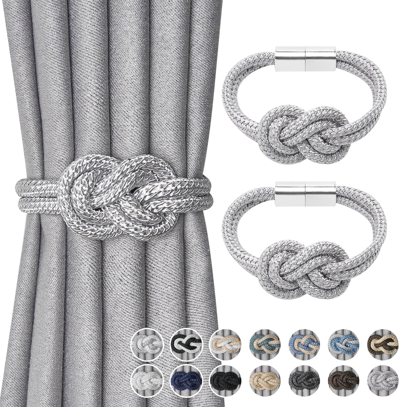 NICEEC 2 Pack Mini Magnetic Curtain Tiebacks Nordic Simple Style Drape Tie Backs Elegant Hand Weave Rope Knot Decorative Curtain Holdbacks for Home & Office Thin Window Drapery (Silver Grey)