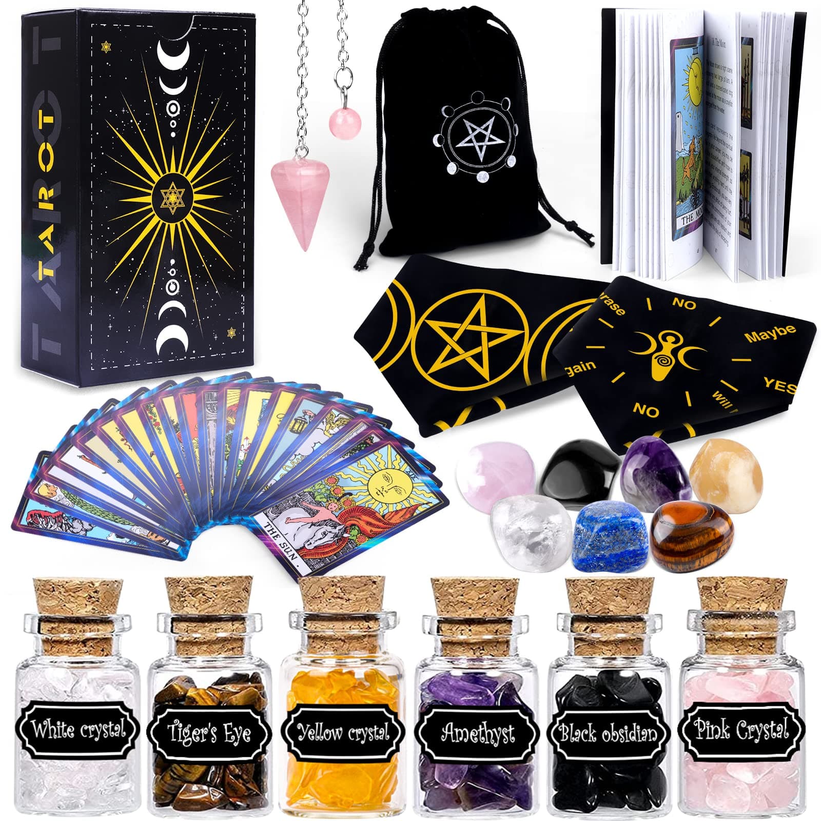 YixangDD Tarot Cards with Guide Book 18 Pcs Include 1 Deck of 78 Cards, 6 Mini Crystal Jars, 7 Chakra Stones,1 Spirit Pendulum, 1 Cloth, 1Goddess of Earth Pendulum mat, 1 Velvet Bag