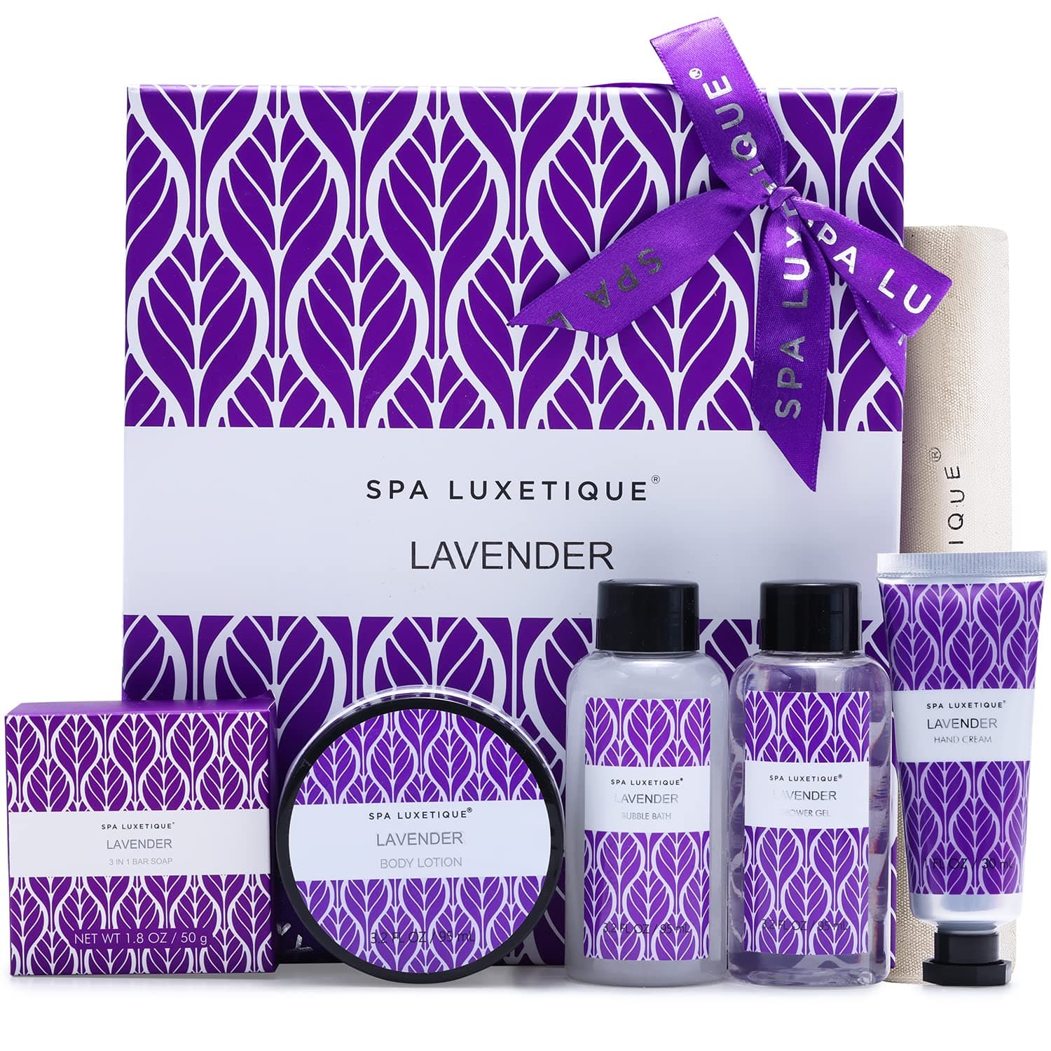 Spa Gift Baskets, Spa Gift Box, Lavender Bath Set, 6 Pcs Home Spa Set Includes Body Lotion, Shower Gel, Bubble Bath, Hand Cream, Travel Bag. Best Gift Sets for Women.