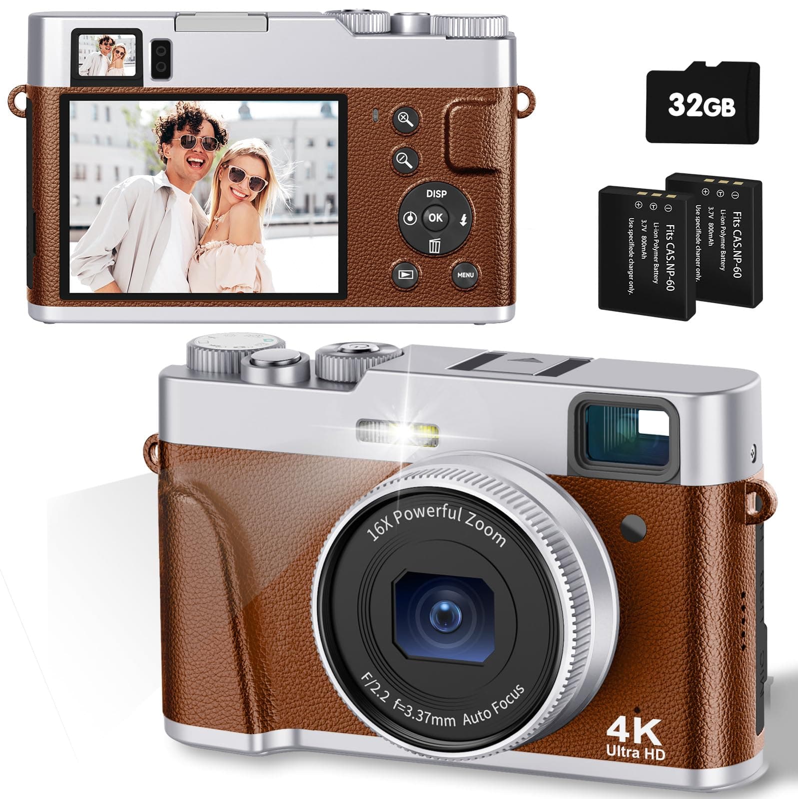 4K 48MP Compact Digital Camera for Beginners with Autofocus, Optical Viewfinder, 16x Zoom, Easy to Use Flash, 2 Rechargeable Batteries
