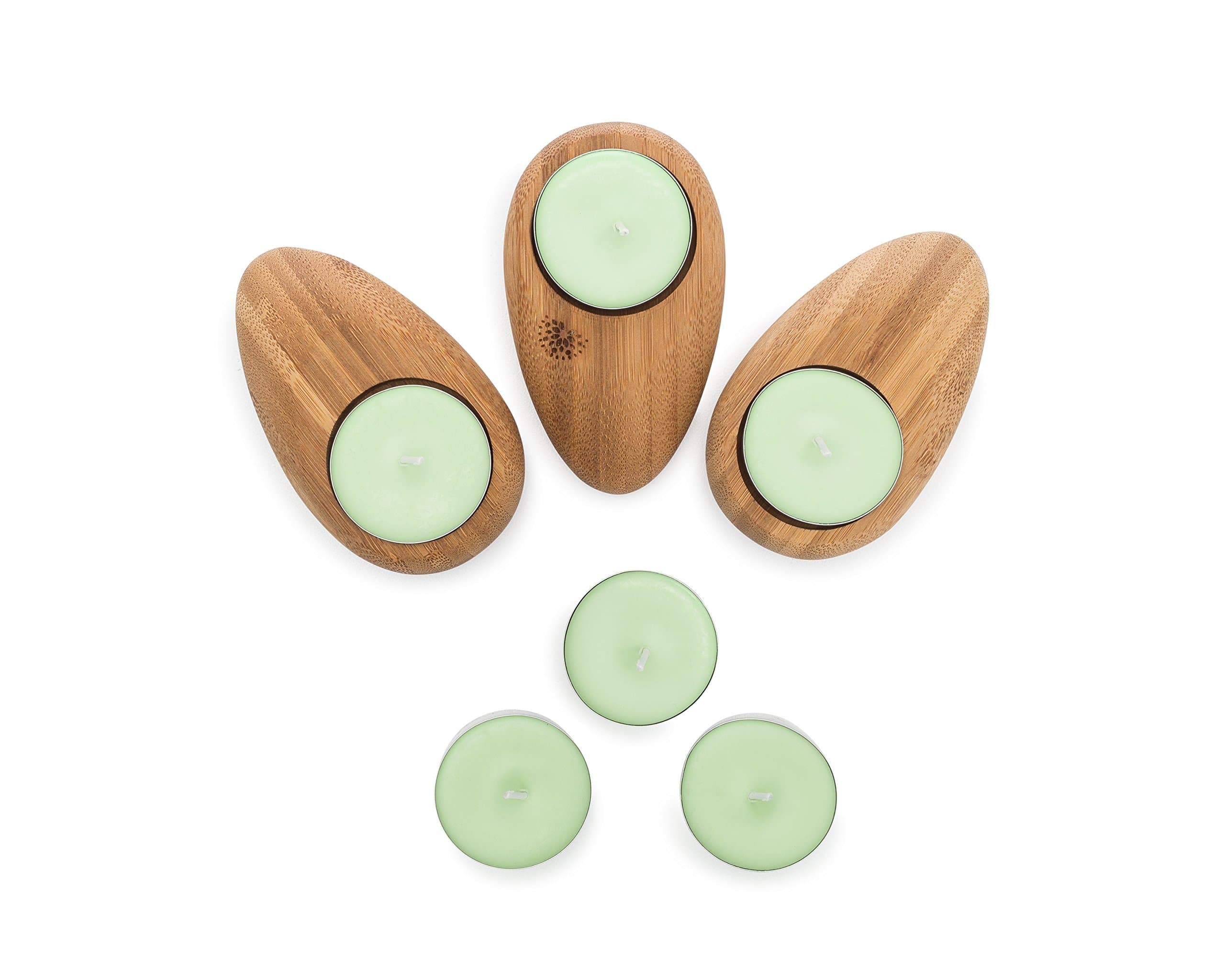 Halcom Stilson Bamboo Tea Light Candle Holder, Hand Made Soy Wax Candle, Set of 3 Bamboo Stone Shaped Tealight Holders & 6 Tea Light Summer Meadows Scented Green Candles
