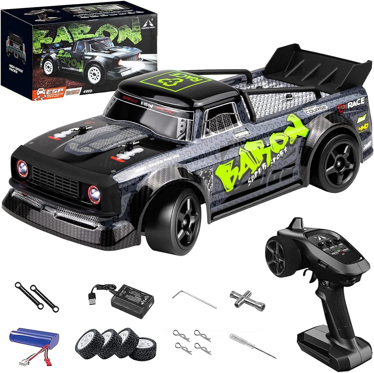 High Speed RC Drifting Car, 1:16 20MPH Remote Control Car for Drift and Race, ESP 2.4Ghz Proportional Throttle & Steering Control 4WD Racing Trucks with Led Lights for Adults and Kids