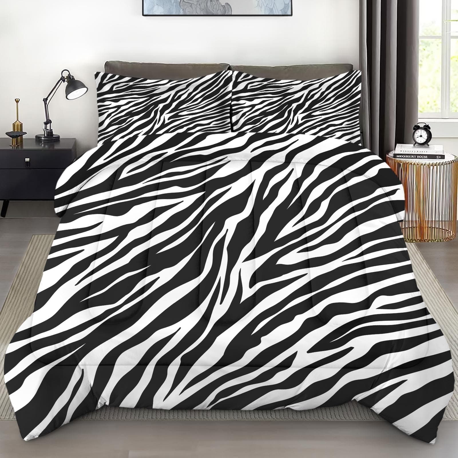 Comforter Set Full Size, Zebra Stripe Animal Soft 3 Pcs Bedding for Kids and Adults, Tiger Black White Comforter Set with Pillowcase, for Bedroom Bed Decor