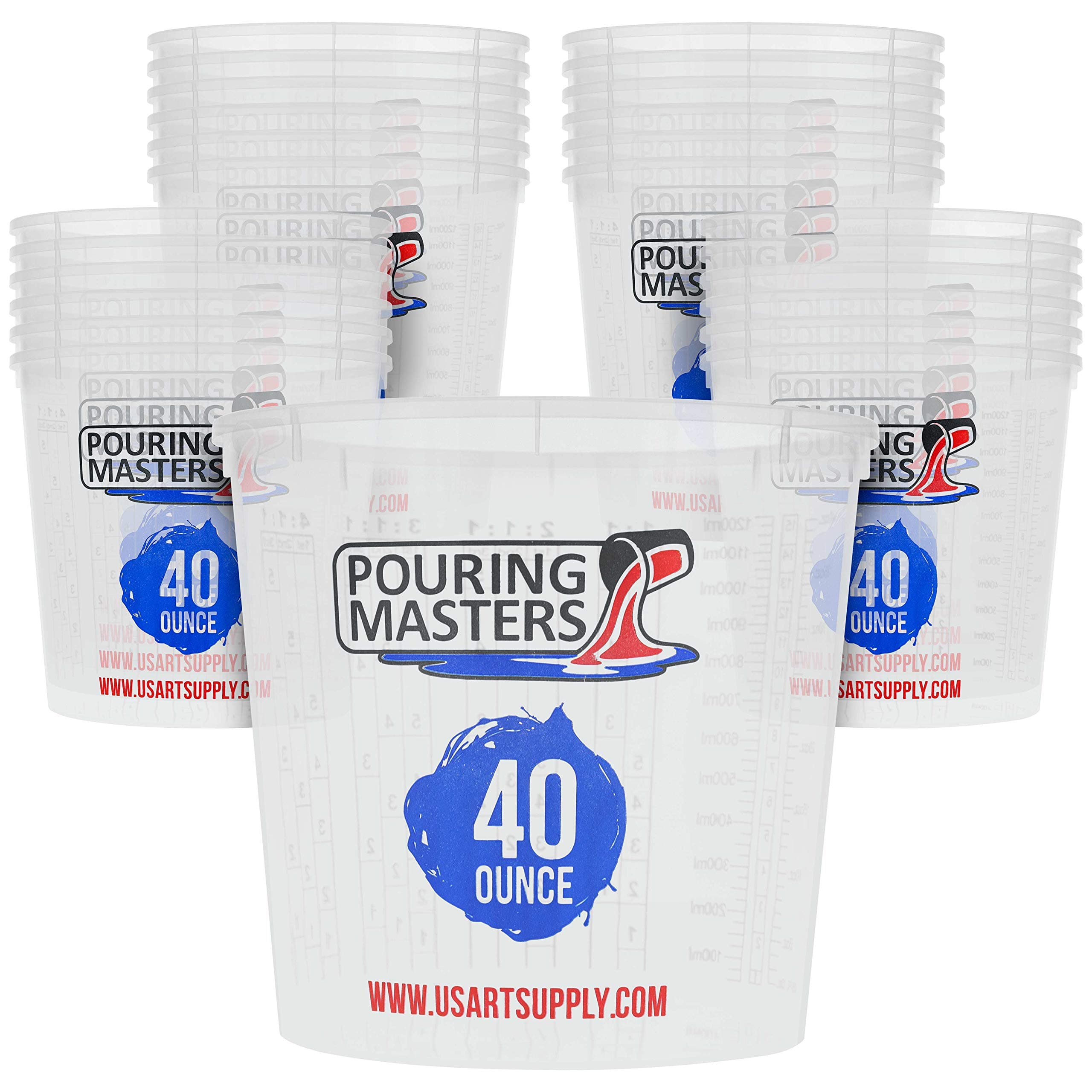 Pouring Masters 40 Ounce (1200ml) Graduated Plastic Mixing Cups (Box of 24) - Paint Mixing Cups for Epoxy Resin, Art, Kitchen, Baking - Measurements in OZ and ML, 4 Different Measuring Ratios 1:1