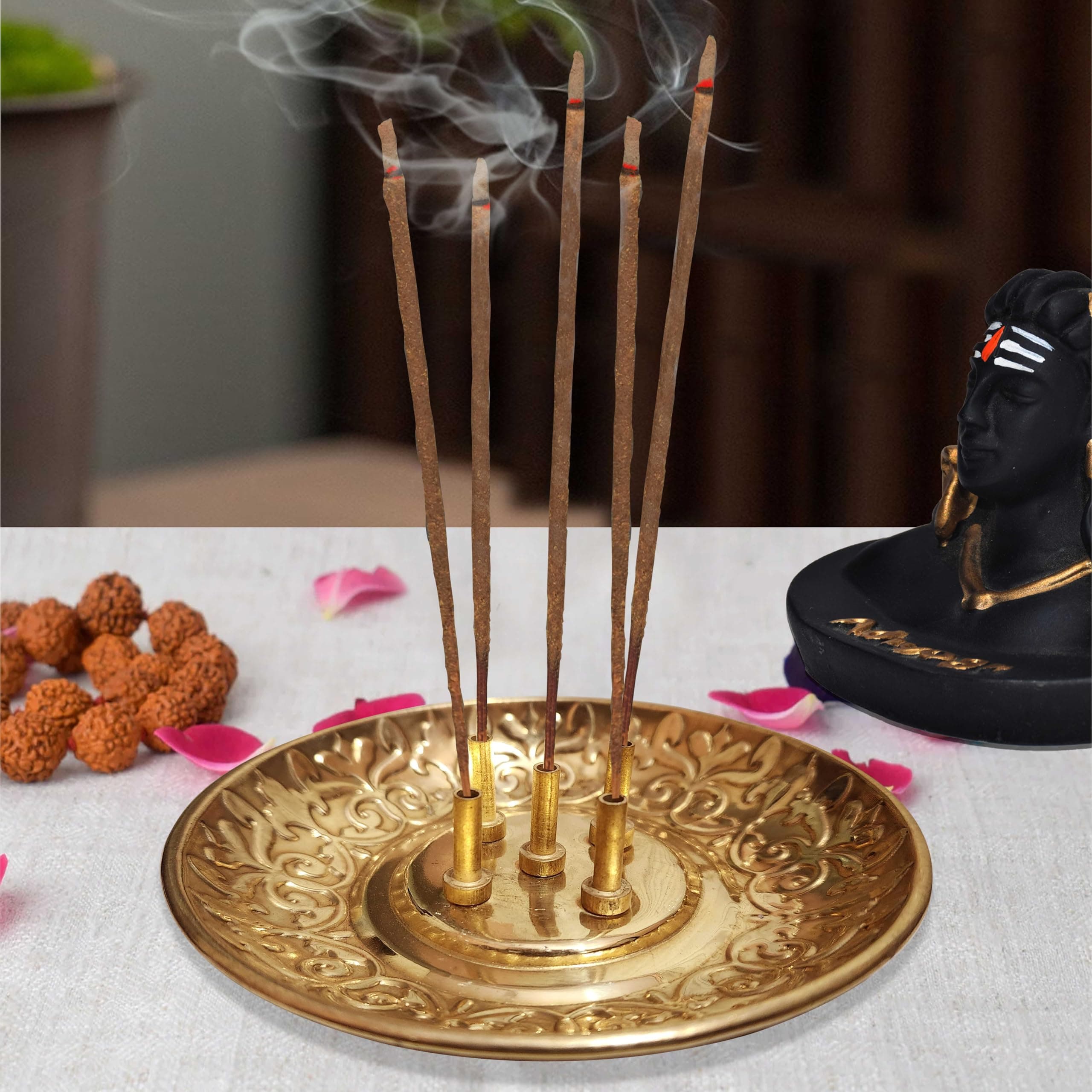 Pure Source India Brass Incense Five Sticks Holder, Agarbatti Stand with Ash Catcher for Mandir Home & Office Decoration (9.5 CM Gold)