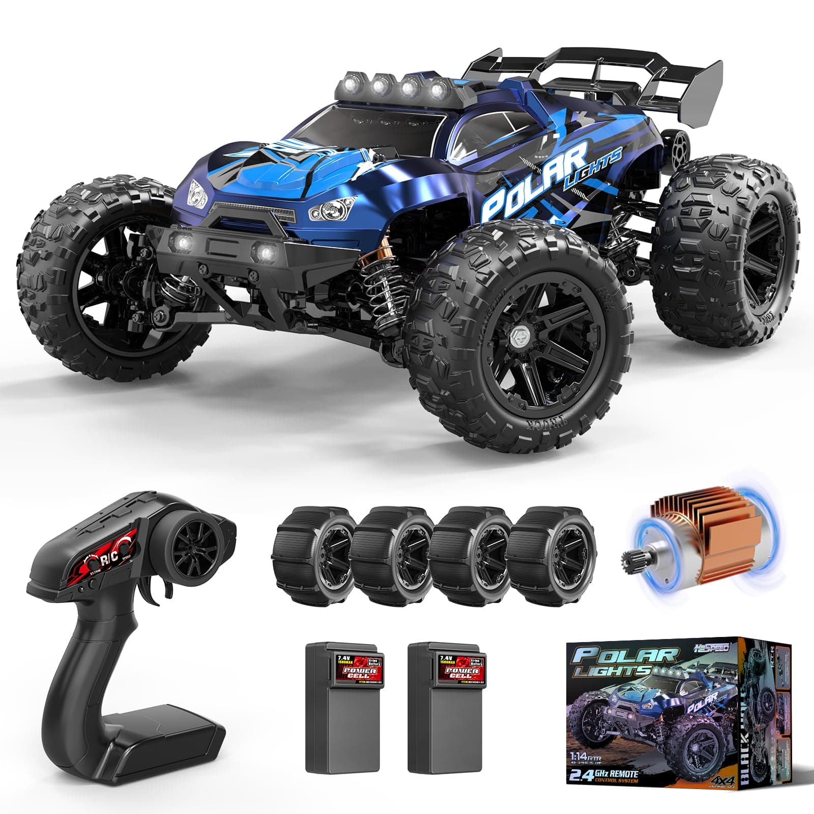 1:14 Scale High-Speed 4WD Remote Control RC Car with 6 LED Lights, 40+KM/H Off-Road RC Truck for Boys Aged 8-12, Includes 2 Rechargeable 7.4V 1300mAh Batteries