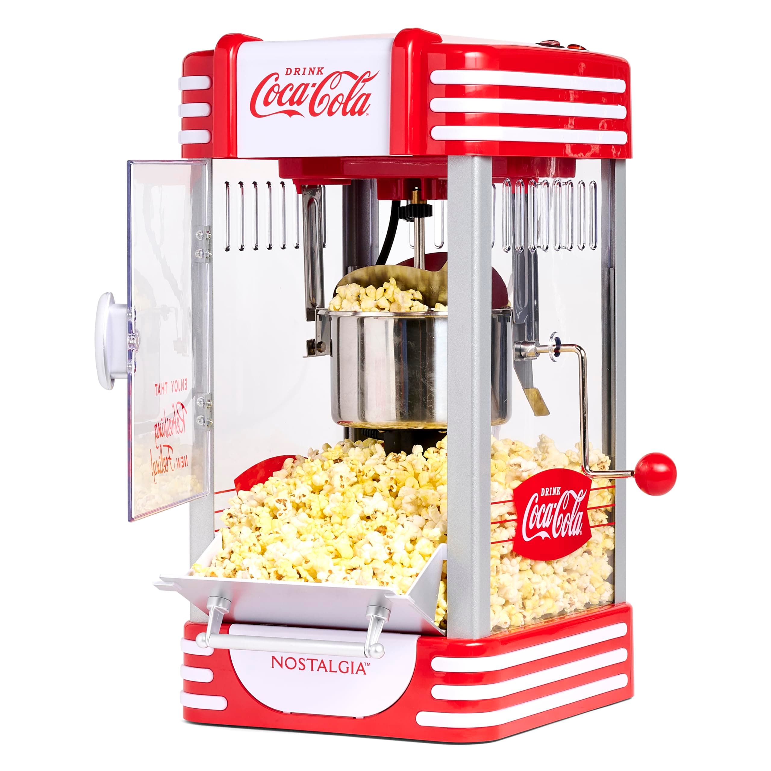 Coca-Cola 2.5 Oz Kettle Popcorn Maker, Makes 10 Cups, Retro Classic Design with Interior Light, Measuring Spoons and Scoop