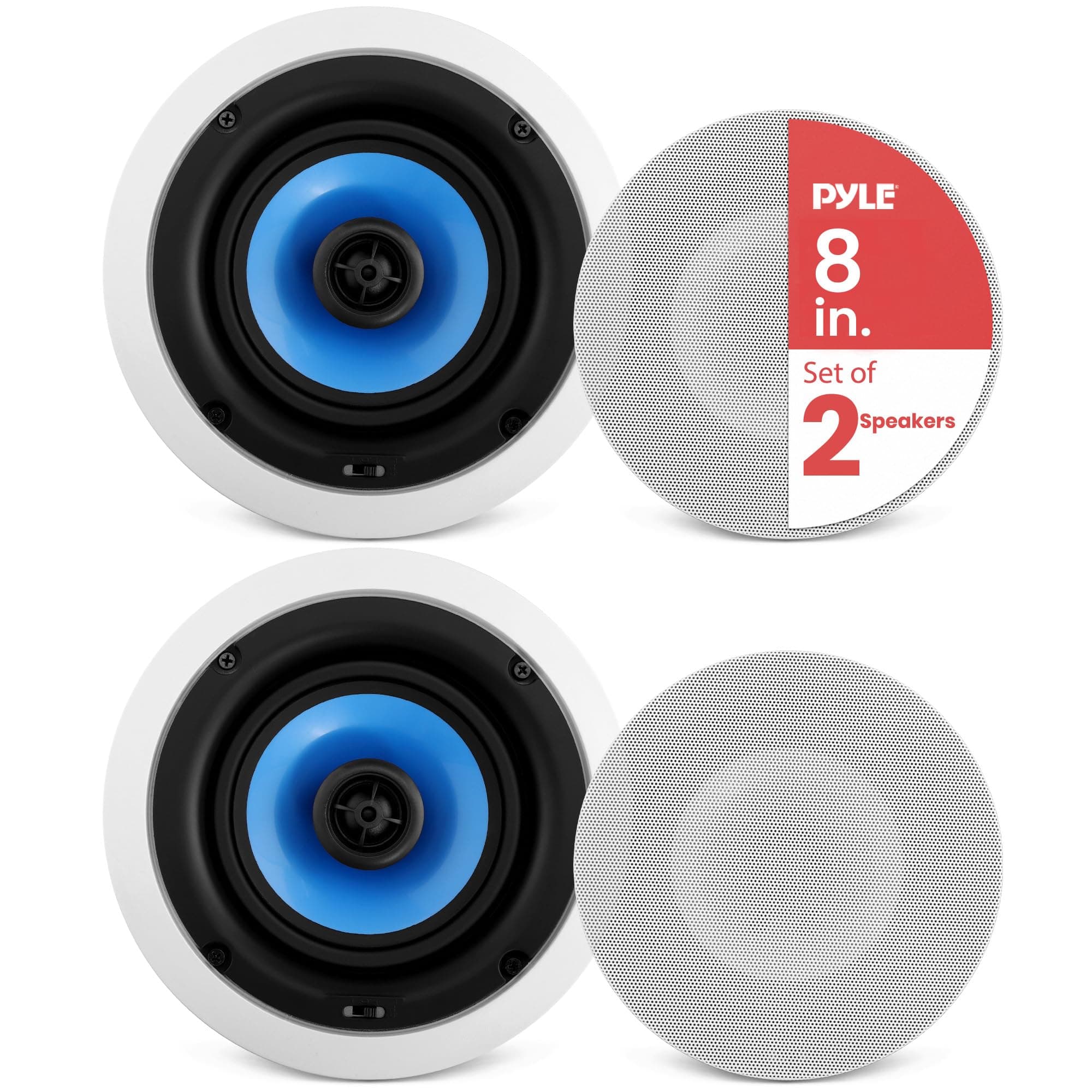 Pyle 2-Way In-Wall In-Ceiling Speaker System - Dual 8 Inch 300W Pair Of Ceiling Wall Flush Mount Speakers W/ 1" Silk Dome Tweeter, Adjustable Treble Control - For Home Theater Entertainment - Pic8E