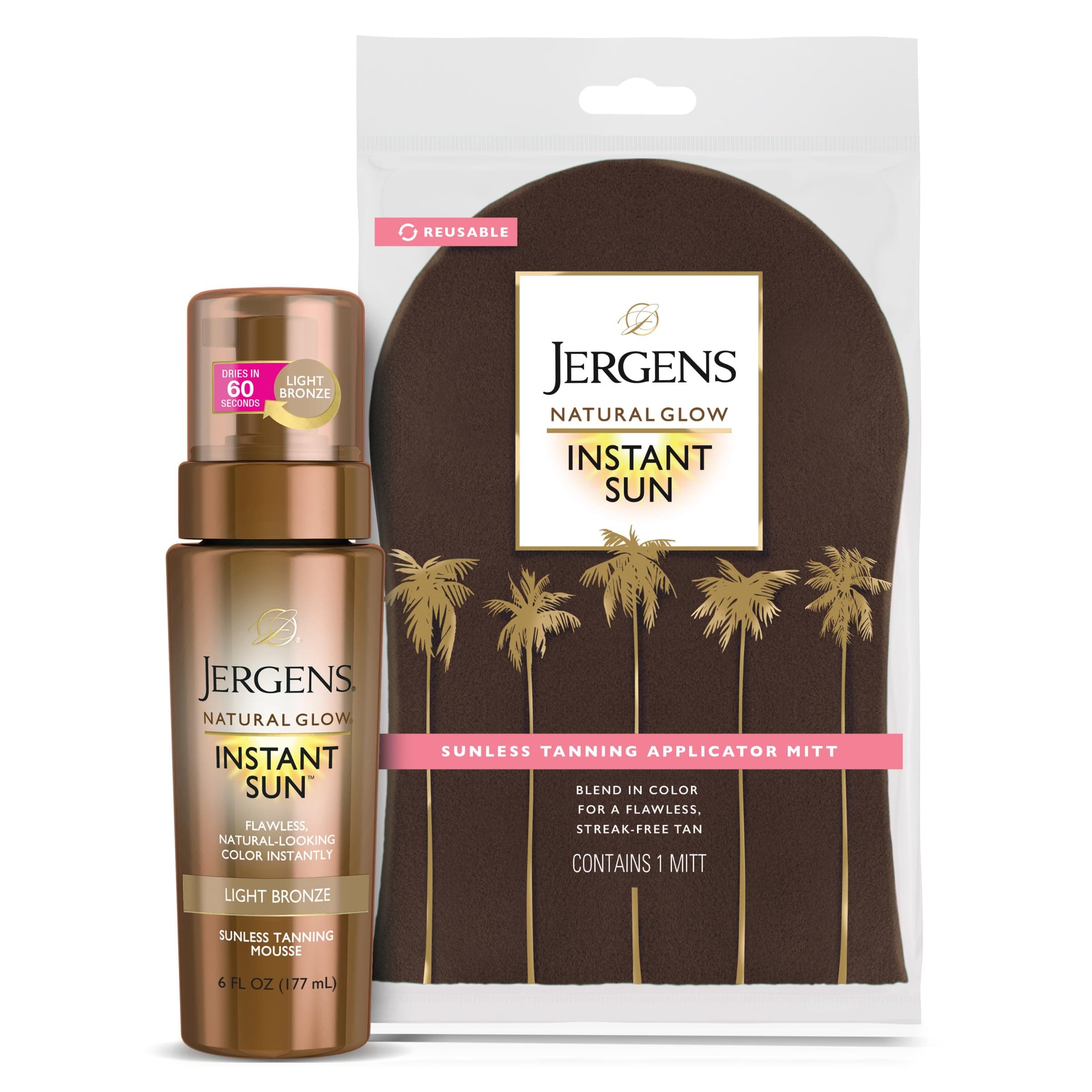 Natural Glow Instant Sun Bundle: Light Bronze Sunless Tanning Mousse, 6oz Bottle and Applicator Mitt