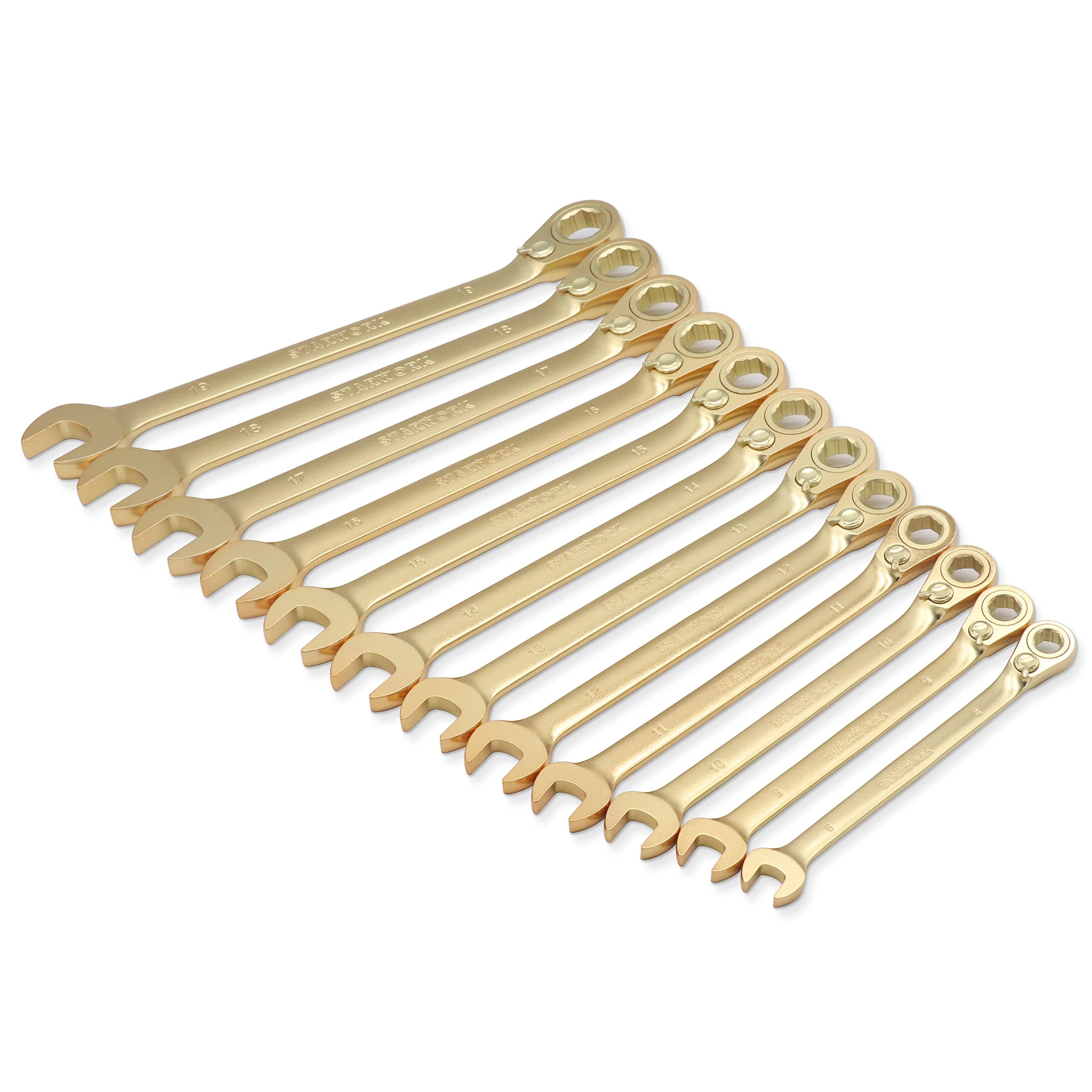 12 Pc. 6-Point Metric 15° Offset Vintage G-Plating Reversible Non-Slip Long Pattern Ratcheting Combination Wrench Set (8-19 mm)