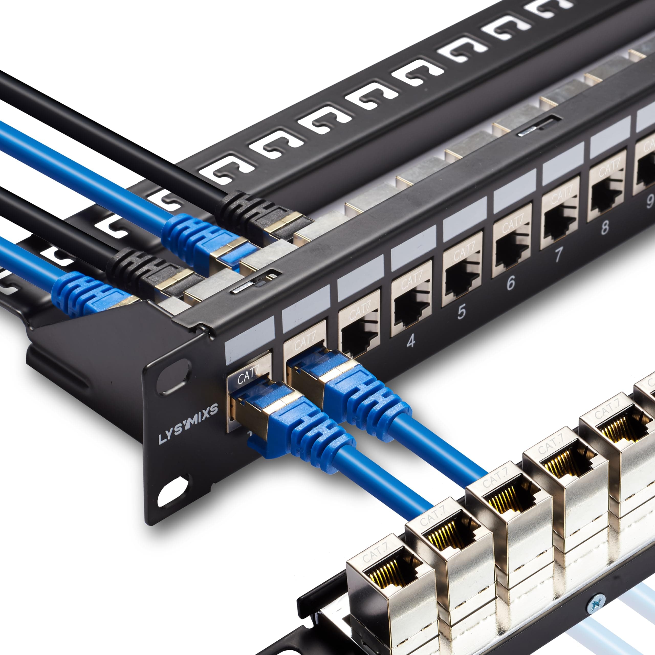 24 Port RJ45 Patch Panel Cat7 STP Feed Through, Coupler Network Panel 19 Inch, Inline Keystone Ethernet Patch Panel with Back Bar