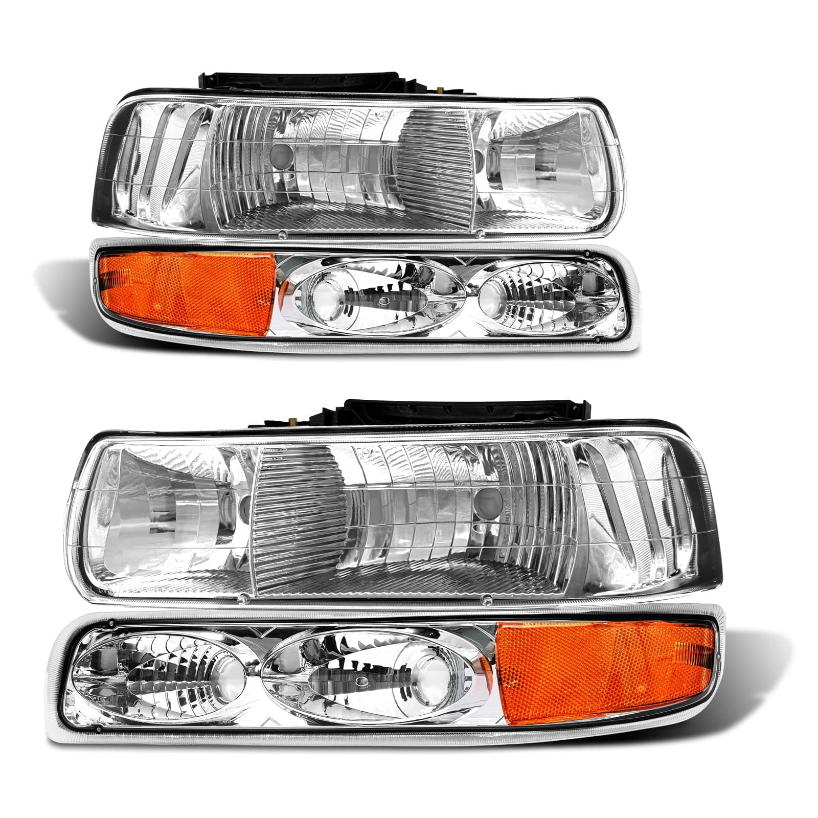 Headlight Assembly for 1999 2000 2001 2002 Chevy Silverado 1500 2500/1500HD 2500HD 3500/2000-2006 Tahoe/Suburban Chrome Housing Amber Reflector Pair（W/O Bulbs）