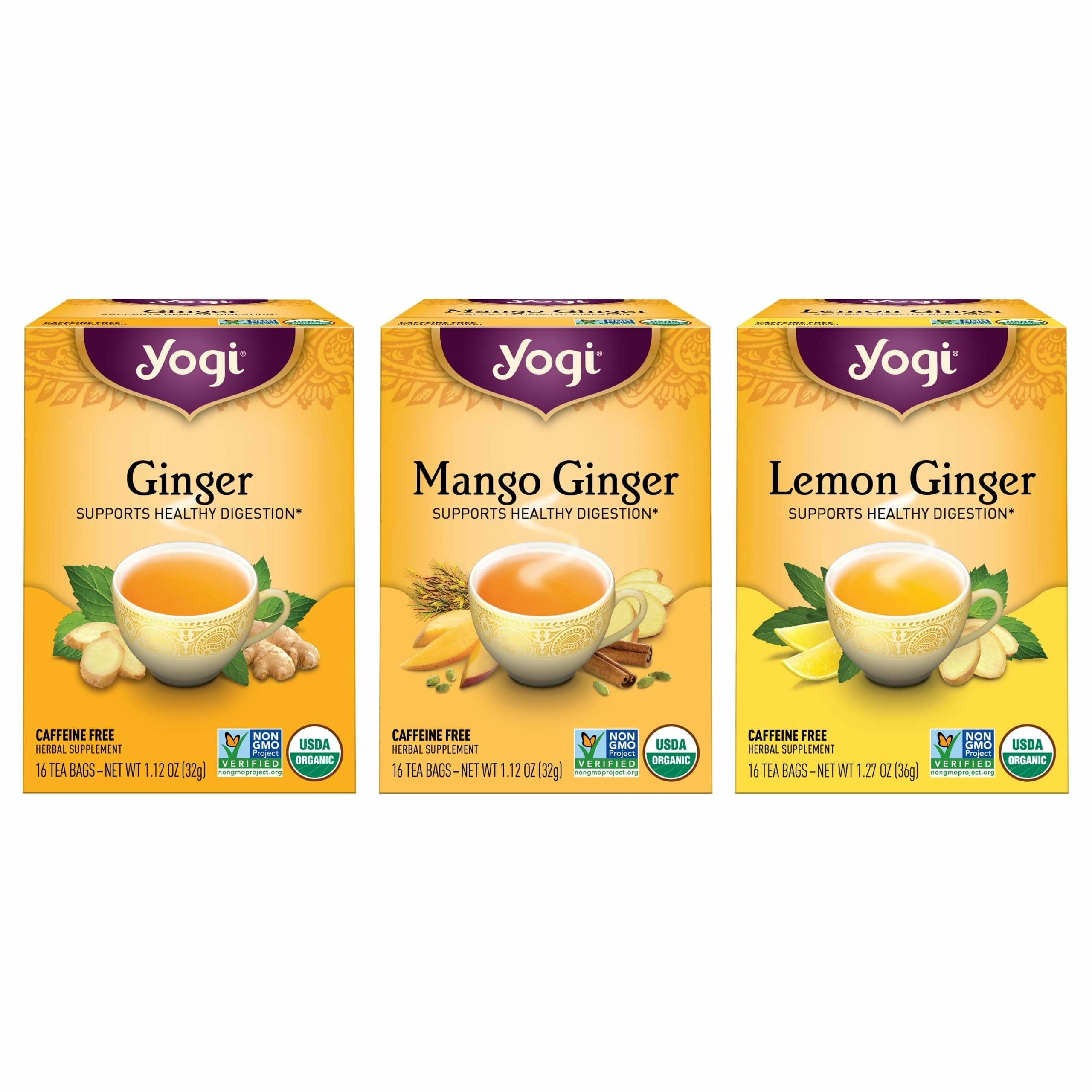 Yogi Tea Ginger Variety Sampler - 16 Bags per Pack (3 Packs) - Caffeine-Free, Organic Nausea Relief Teas – Supports Digestion - Includes Ginger, Mango & Lemon Flavors