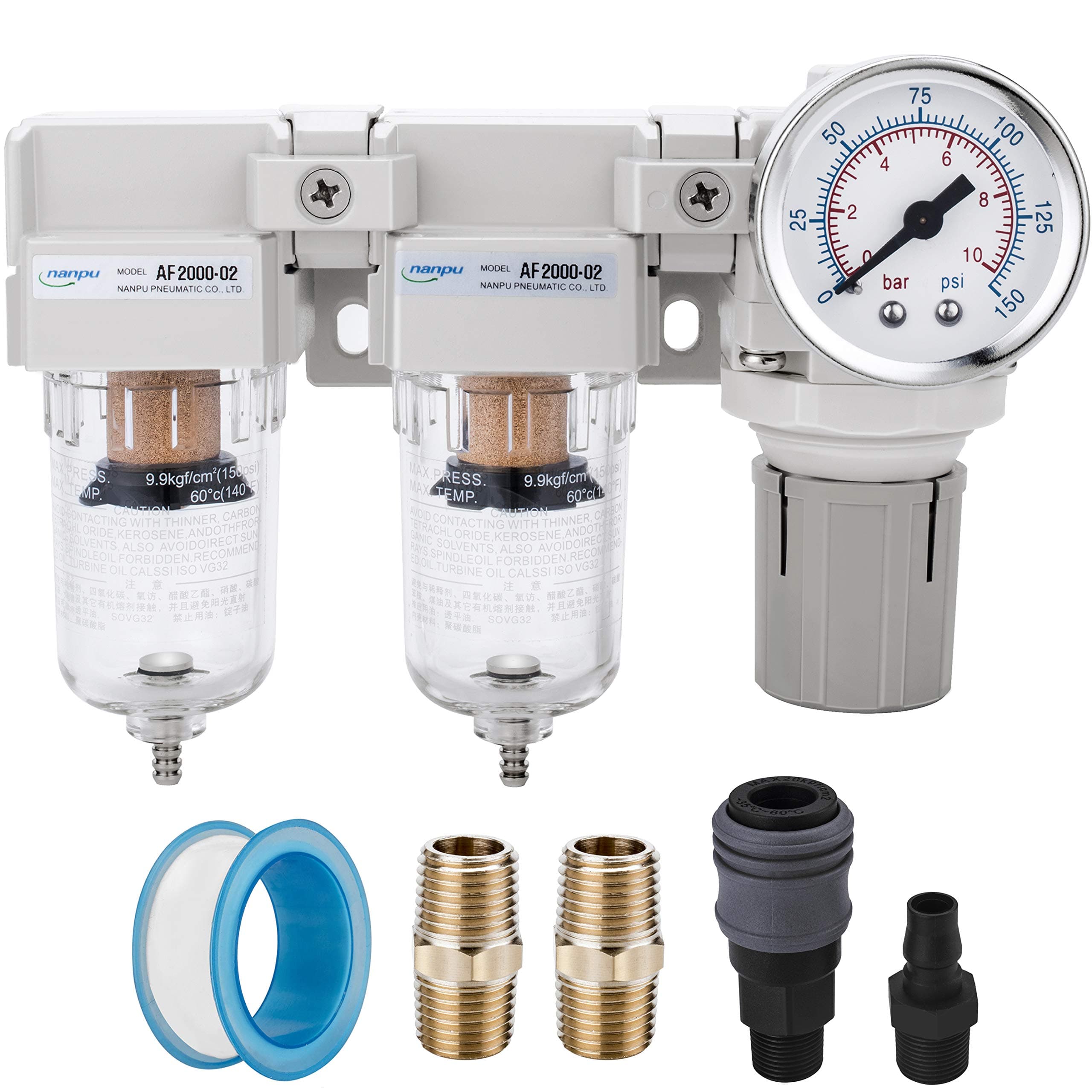 DFR-02 1/4" NPT Air Drying System - Double Air Filters, Air Pressure Regulator Combo - Semi-Auto Drain, Poly Bowl