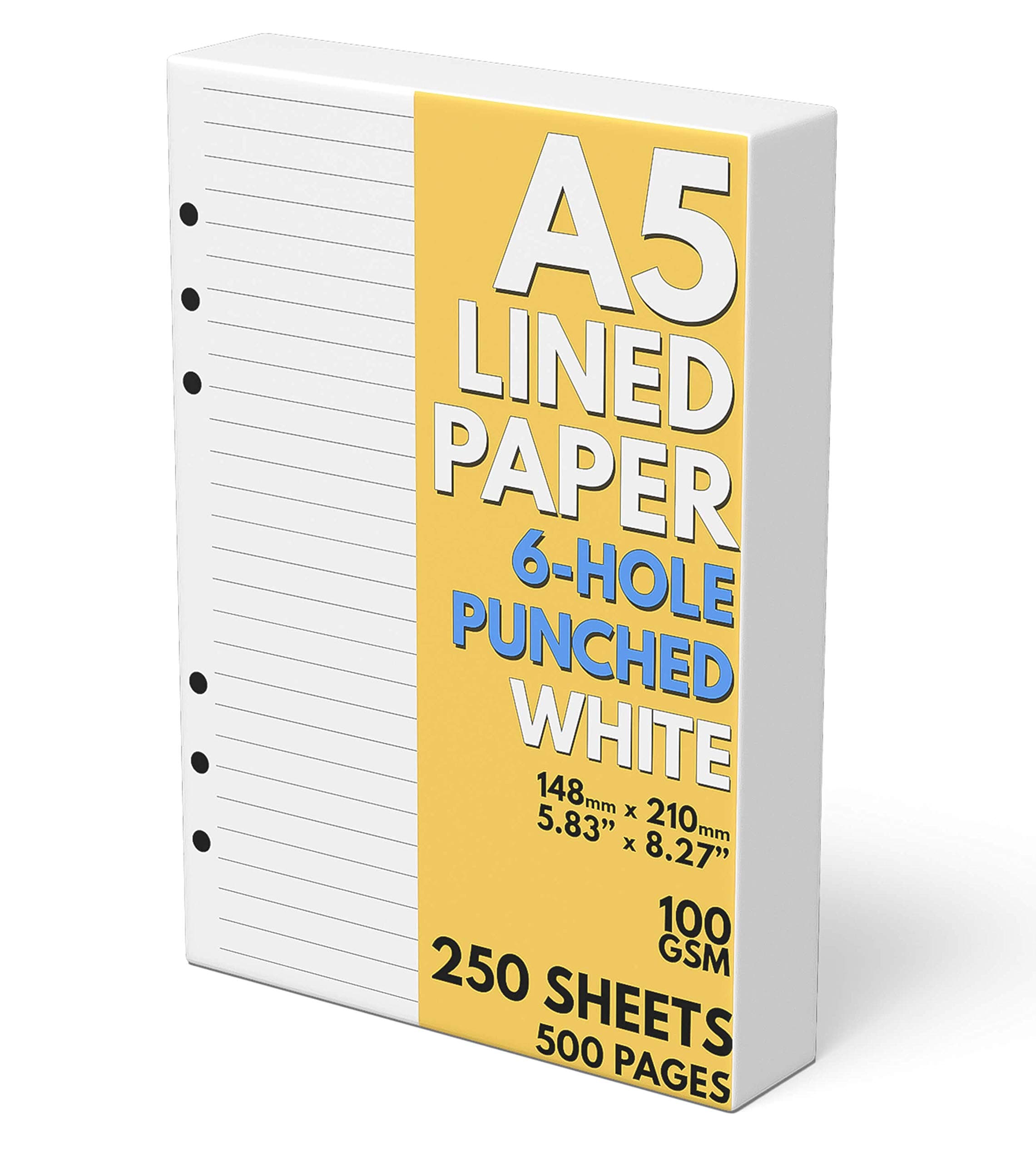 A5 Lined Paper 6-Hole Punched, 250 Sheets (500 Pages), 100 GSM, A5 Binder Refill, 6-Ring Binder Inserts